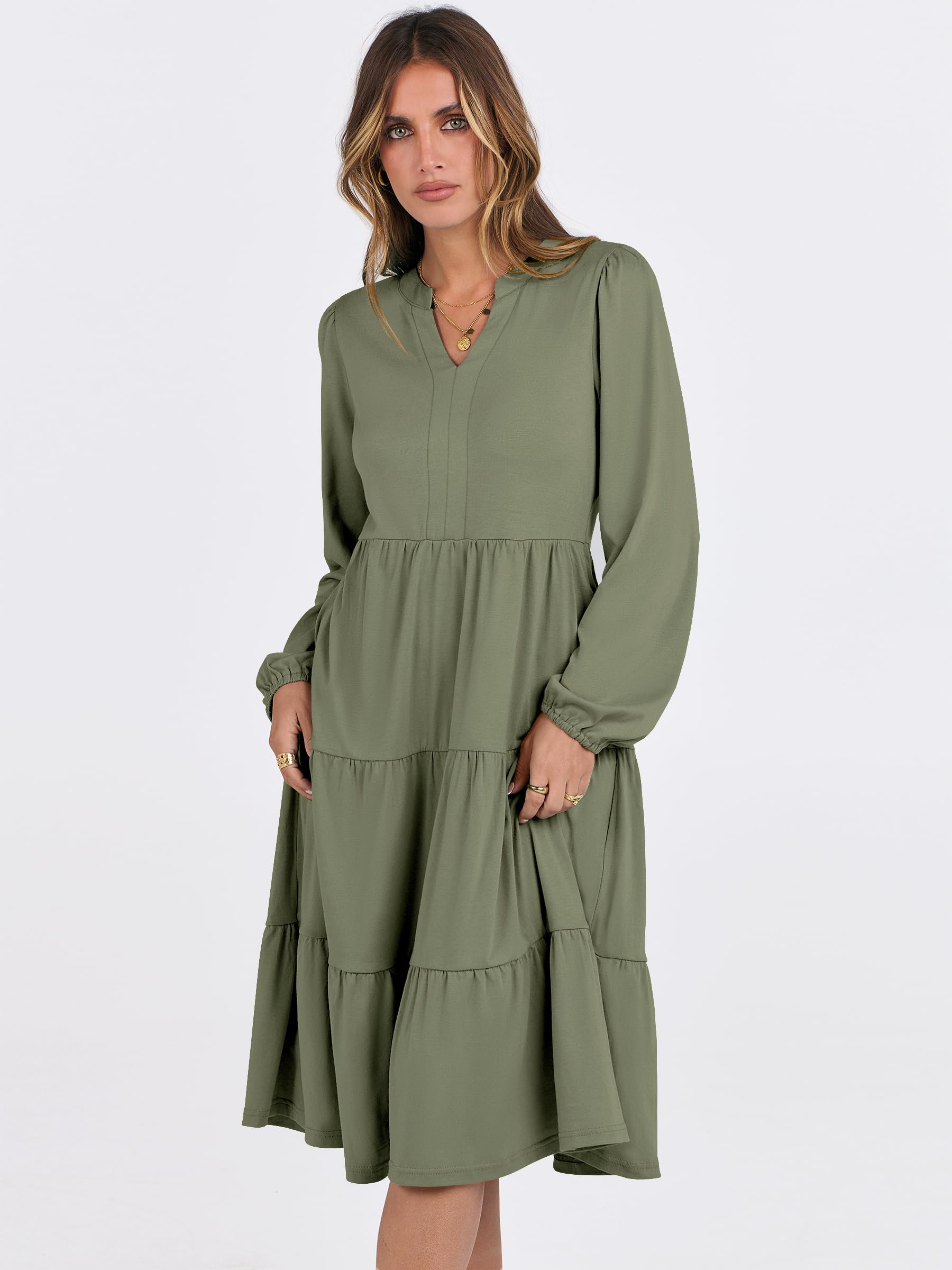 ANRABESS Women's Long Sleeve V-Neck Flowy Swing Dress - Casual Loose Fit Tiered Midi Dress for Spring 2025 | Perfect for Vacation, Beach, Date Night & Everyday Wear
