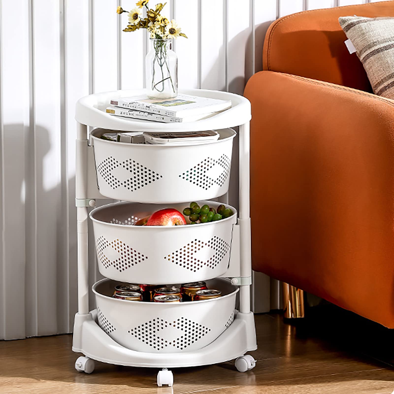 Kaibrite 3-Layer Rotating Kitchen Storage Rack with Wheels, Multi-Layer Revolving Basket Shelf for Kitchen, Bathroom, Laundry Room, Garage, White - Perfect for Organizing Spices, Cleaning Supplies, and Pantry Items