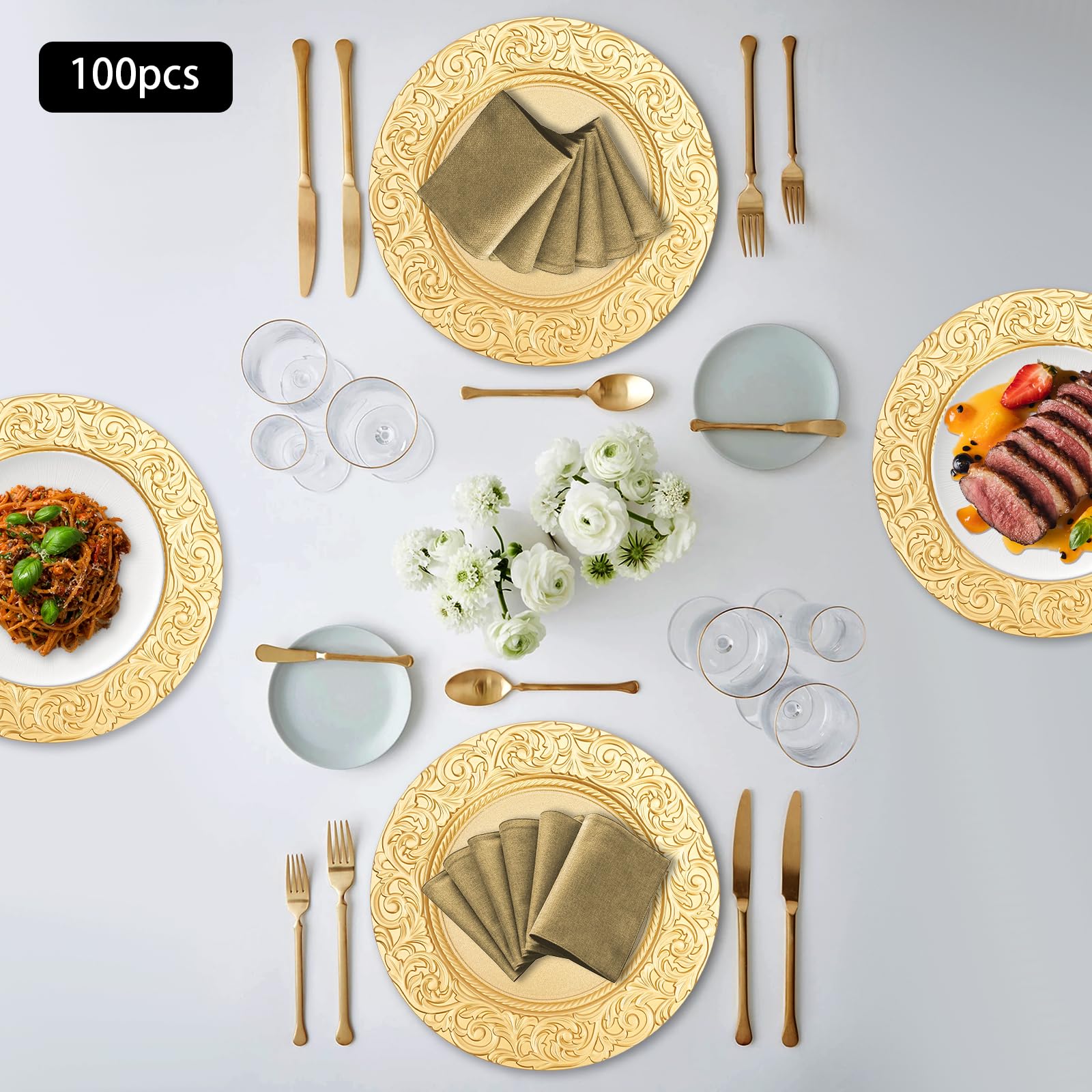 100-Pack 13-Inch Gold Plastic Charger Plates - Elegant Round Dinner Plates for Wedding, Party & Table Decor - Dishwasher Safe & Durable - Perfect for Formal Dinners, Banquets & Special Events