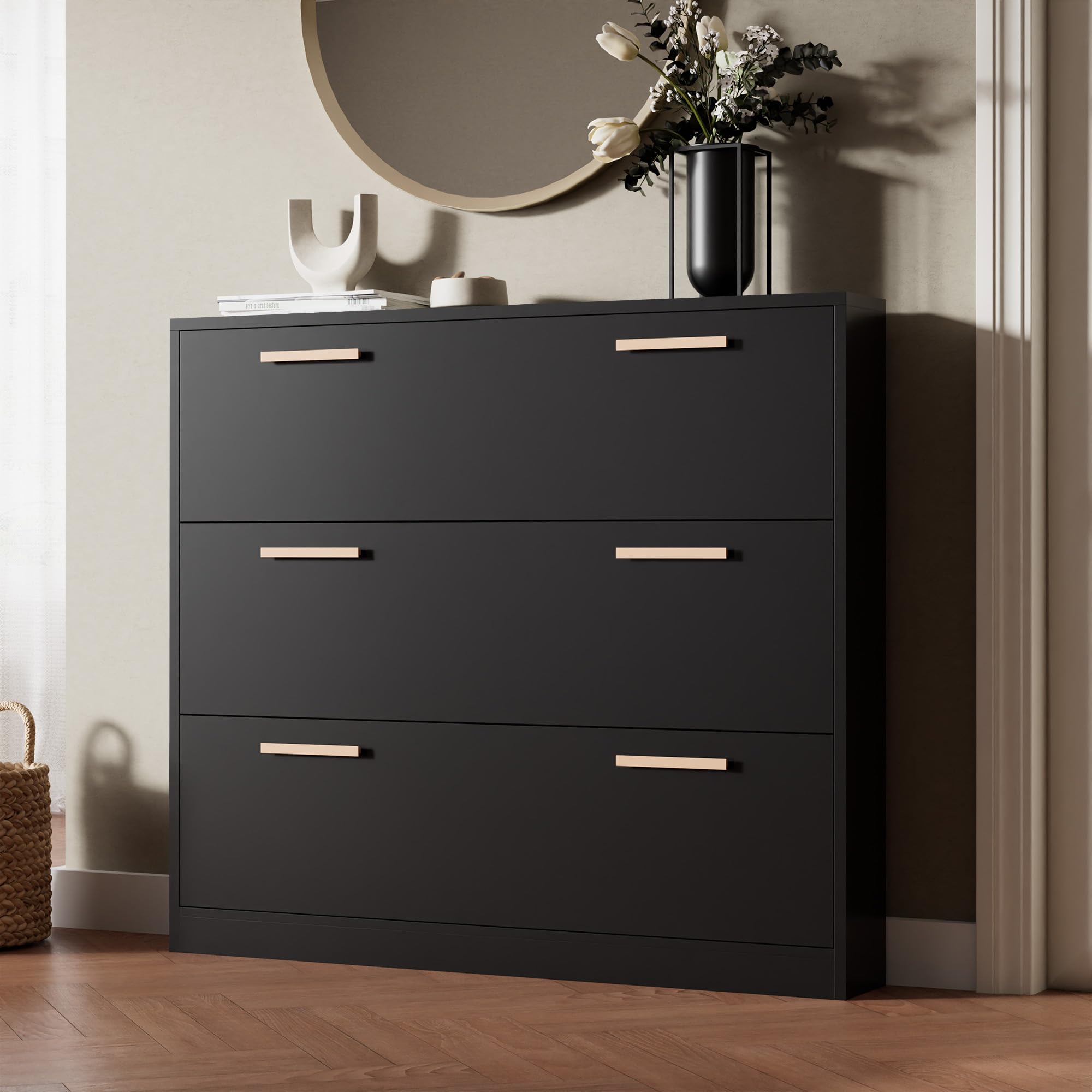Cozy Castle Shoe Cabinet with 3 Flip Drawers - Hidden Narrow Shoe Storage Organizer for Entryway, Hallway & Closet - Space Saving Black Shoe Rack for Small Spaces - Perfect for Apartments, Dorms & Mudrooms