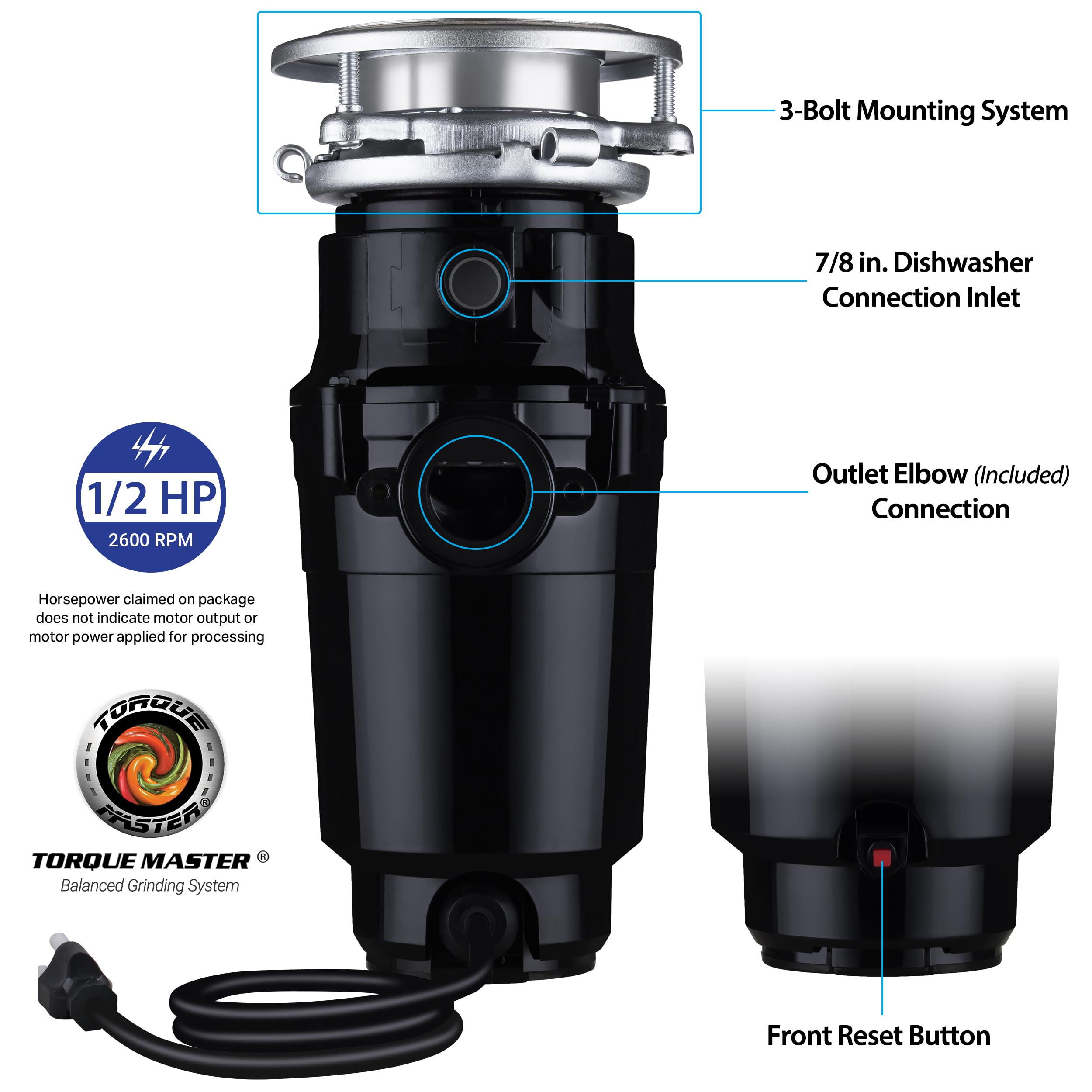 Waste Maid 10-US-WM-058-3B 1/2 HP Stainless Steel Garbage Disposal with Anti-Jam Technology - Black Food Waste Grinder for Kitchen Sink (Perfect for Small Households & Eco-Friendly Waste Management)