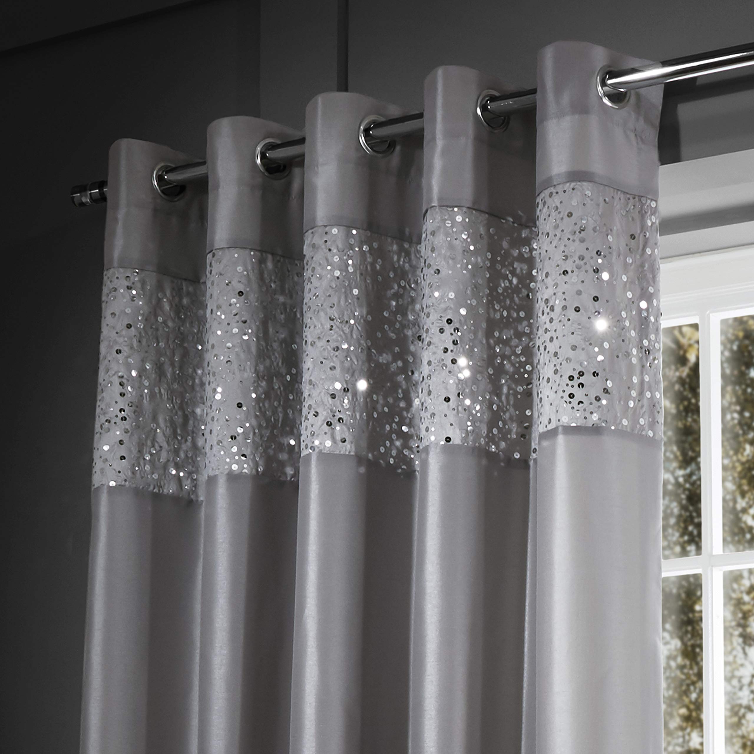 Glitzy Sequin 66x90 Inch Blackout Lined Eyelet Curtains - Set of 2 Panels in Elegant Grey | Perfect for Living Room, Bedroom & Home Theater Light Control