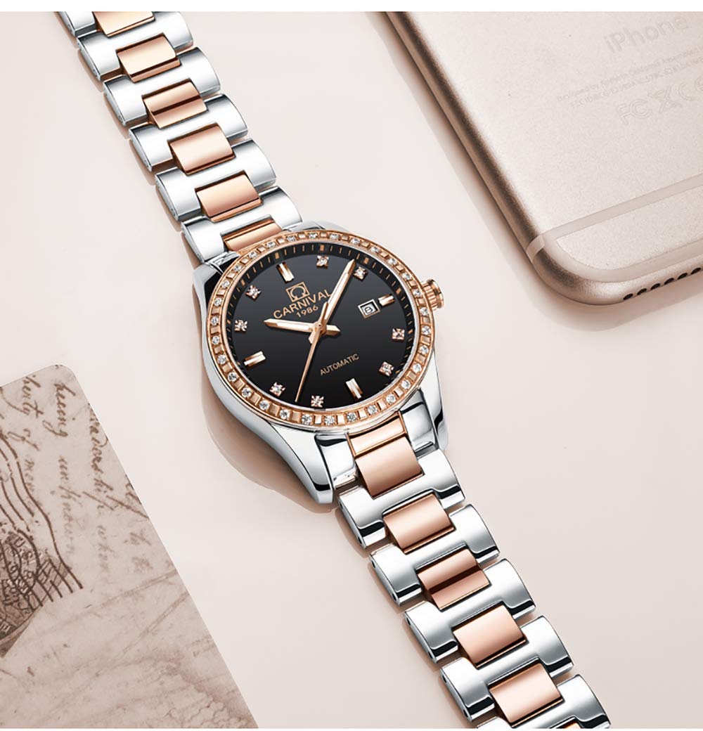 Luxury Women's Diamond Automatic Mechanical Watch - Rose Gold Stainless Steel with Sapphire Crystal, Waterproof Elegant Blue Watch for Women | Perfect for Formal Events, Business Meetings & Special Occasions