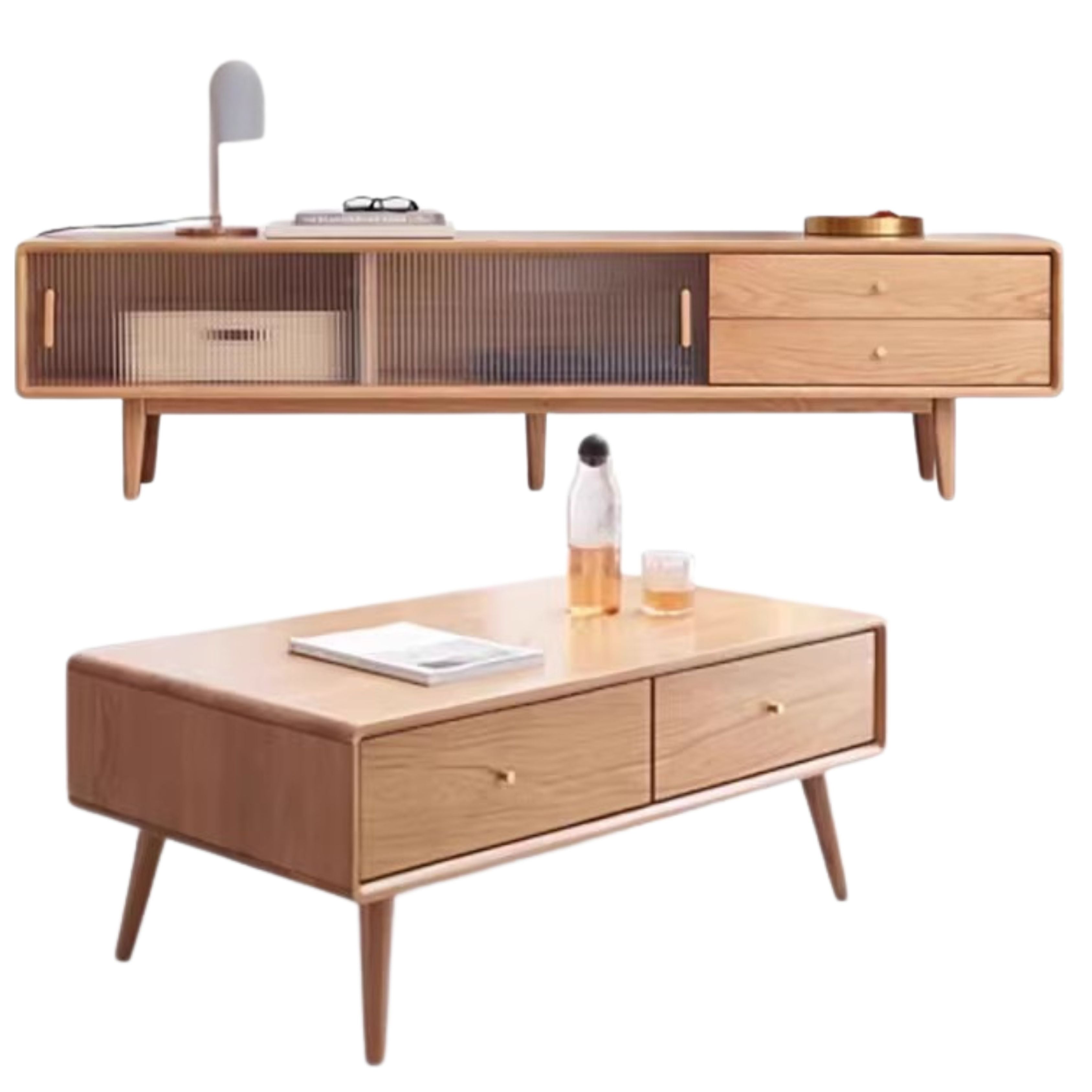 Solid Oak & Beech Wood TV Stand - Modern Entertainment Center for Living Room, Bedroom - Durable & Stylish TV Console with Storage Shelves