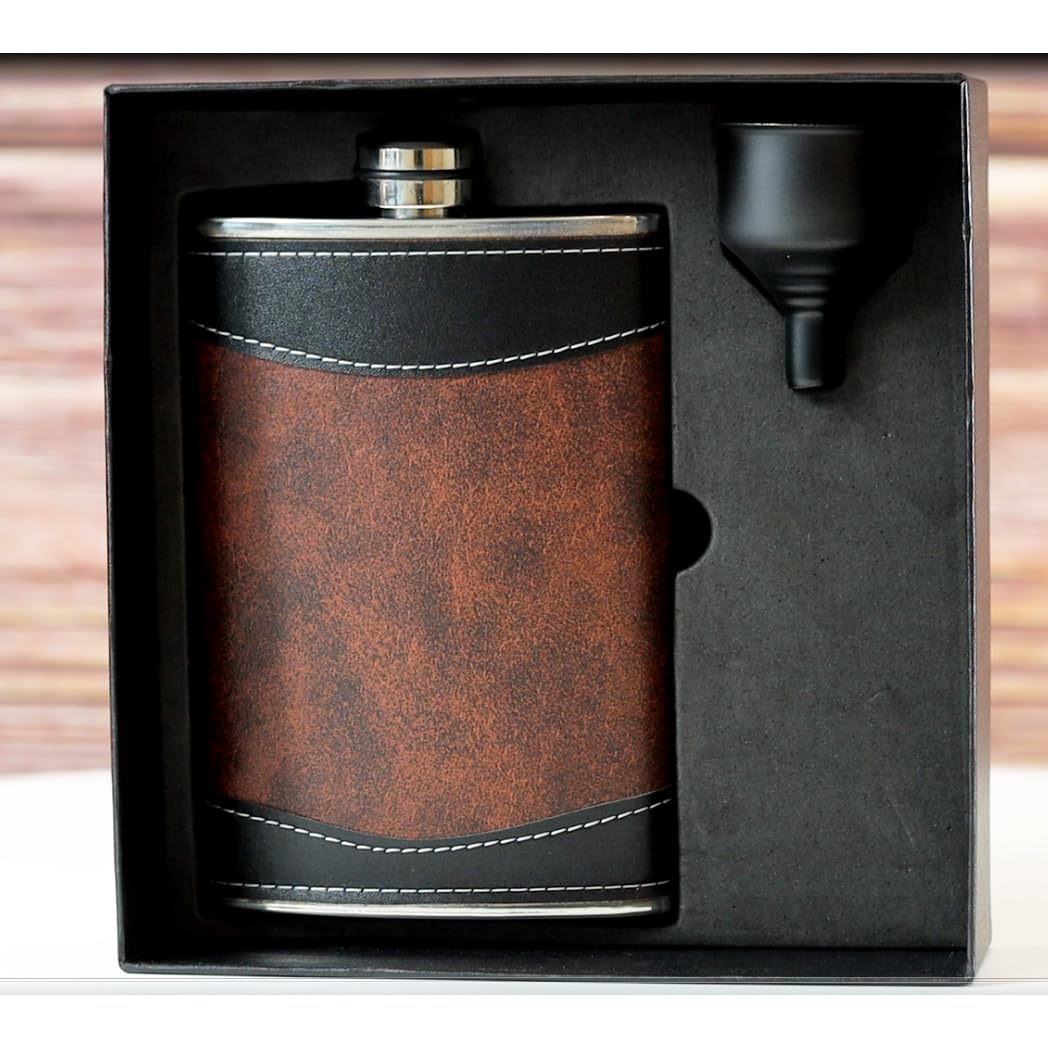8oz Heavy Duty Stainless Steel Hip Flask for Liquor - Black & Brown with Funnel & Gift Box - Perfect for Outdoor Adventures, Camping, Hunting & Gifts for Men