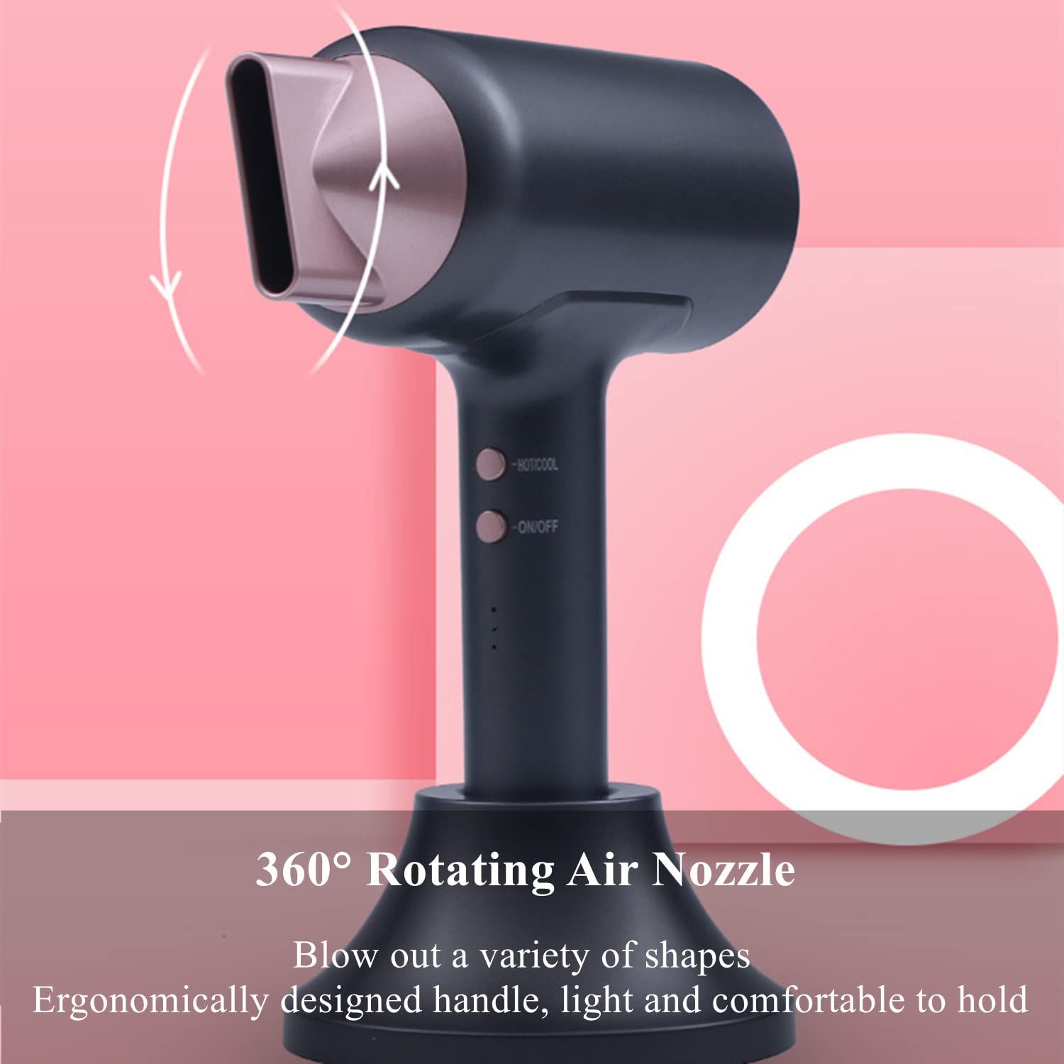 Cordless Hair Dryer with Charging Base & Air Nozzle - Rechargeable Wireless Blow Dryer for Travel, Hot & Cold Air Settings - Perfect for Home, Salon, School, Pet Grooming, and Oil Painting Drying Tools (Gray)