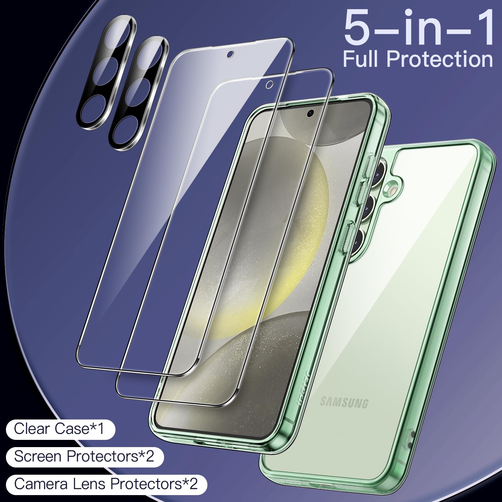 JETech 5-in-1 Protective Case for Samsung Galaxy S24+ / S24 Plus 5G - Includes 2 Tempered Glass Screen Protectors & Camera Lens Protector, Shockproof Bumper Cover (Jade Green) | Perfect for Outdoor Activities, Work & Travel