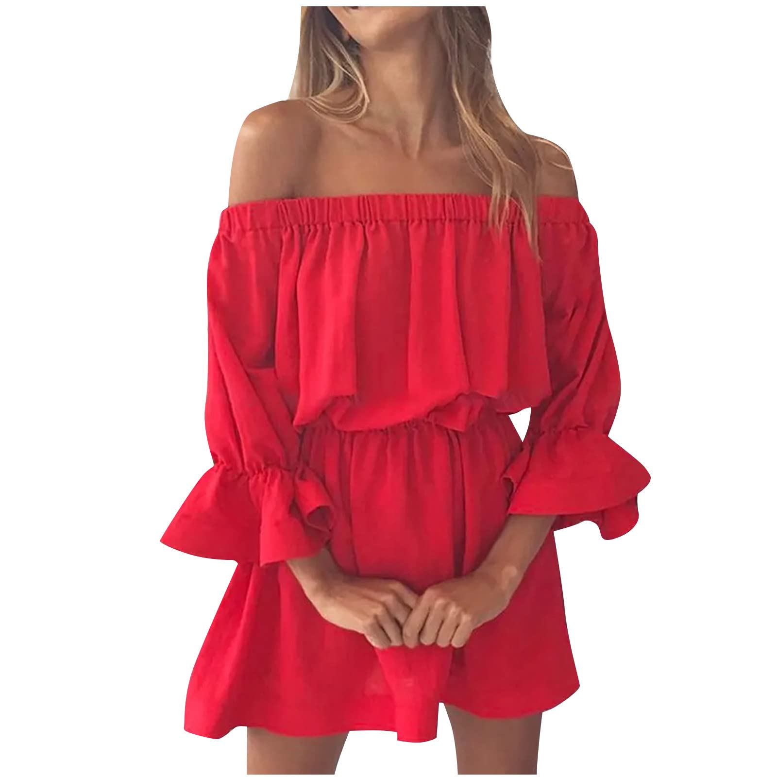 Rikrel Women's Summer Floral Print Off-Shoulder Dress with Flared Sleeves & Ruffle Hem - 2022 Trendy Casual Sundress for Beach, Party & Date Night