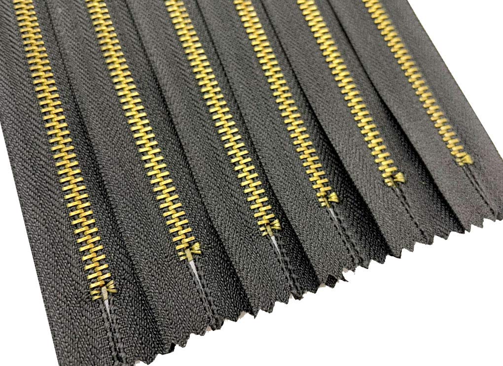 AMORNPHAN 6-Pack Heavy Duty 5 Inch Metal Zippers - #5 Black Tape with Antique Brass Teeth & Spring Lock Slider for Jeans, Denim Pockets, Clothing & Sewing Crafts (5