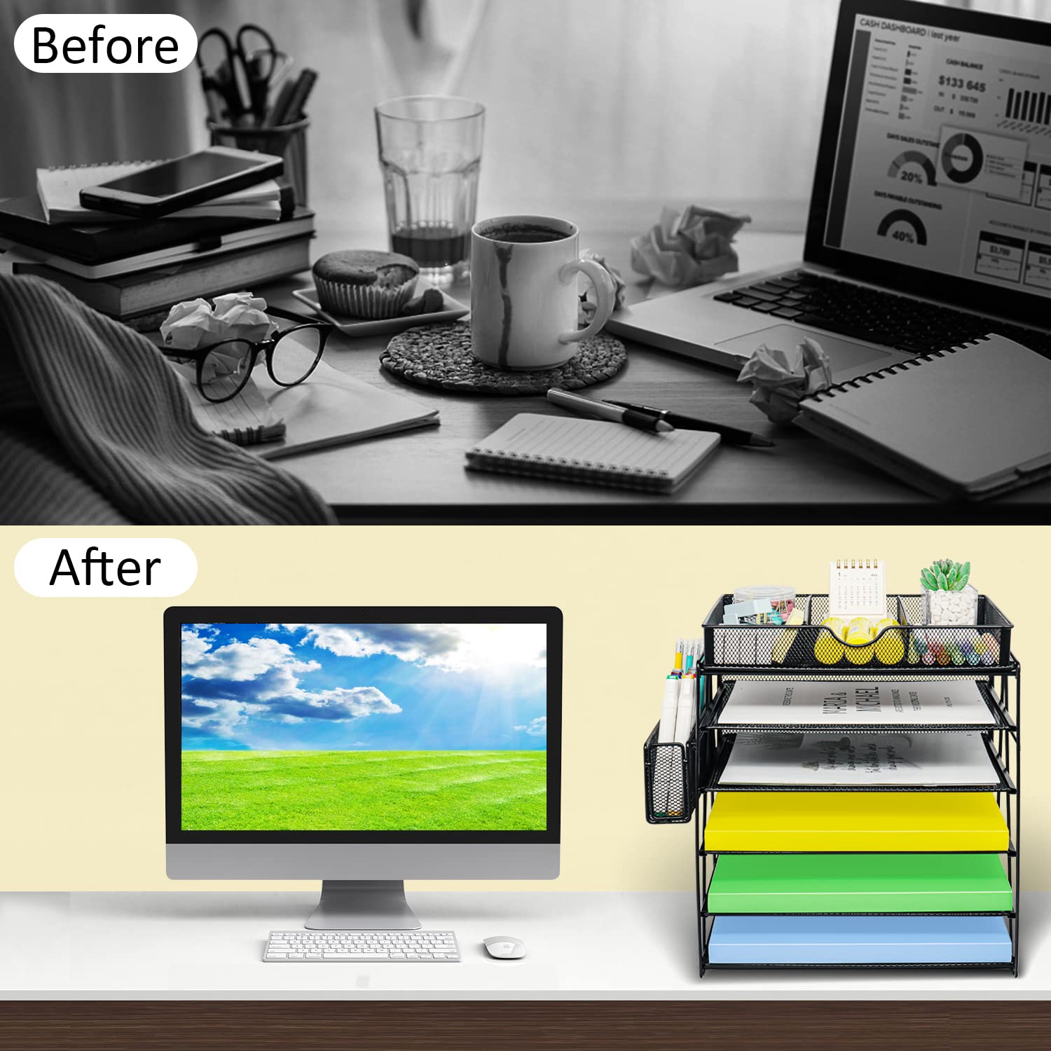GALASALA 5-Tier Mesh Desk Organizer with Pen Holder & Drawer - Black Office Paper Letter Tray for File Organization | Perfect for School, Home & Office Workspace Accessories