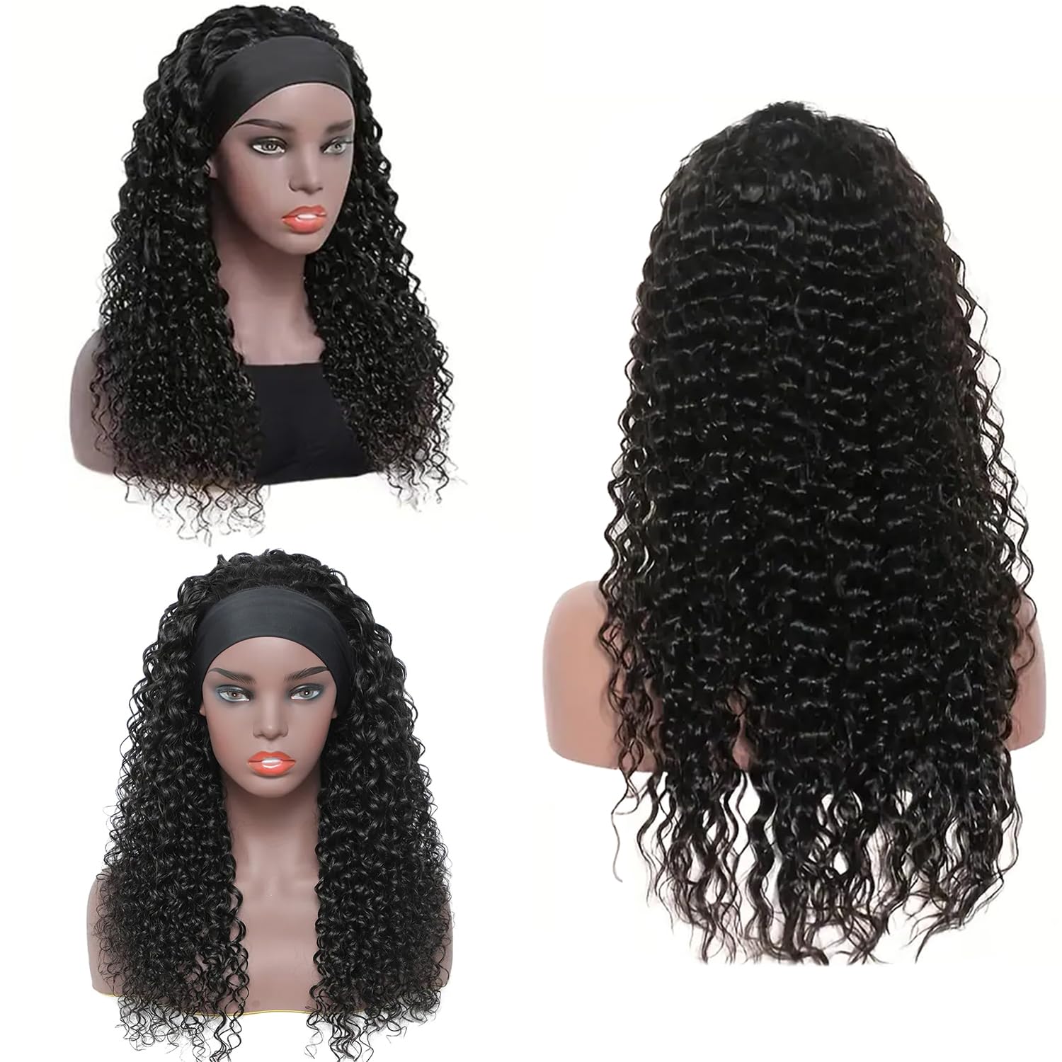 20 Inch Deep Wave Human Hair Headband Wig - Glueless Curly Hair Wig with No Lace Front | Natural Black Women's Human Hair Wig for Everyday Wear & Special Occasions
