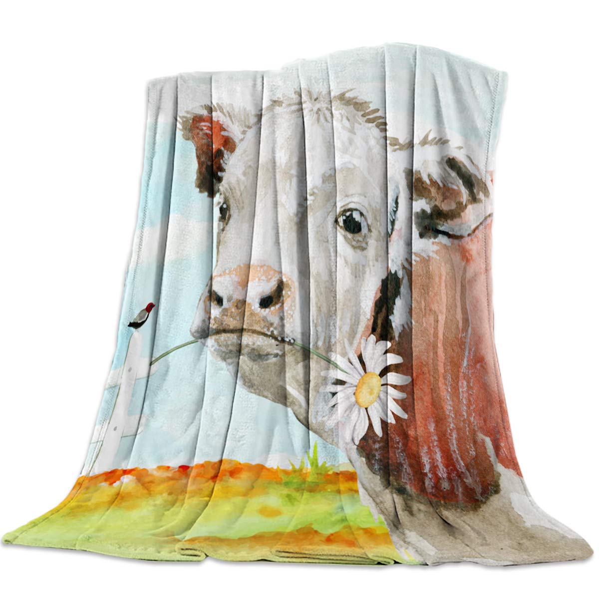 Millxiu Soft Flannel Fleece Throw Blanket 40x50 Inch - Cozy Plush Warm Blanket for Couch, Sofa & Bed - Lightweight Fuzzy Blanket with Cute Cow & Daisy Bird Design - Perfect for Lounging, Netflix Nights & Winter Snuggles