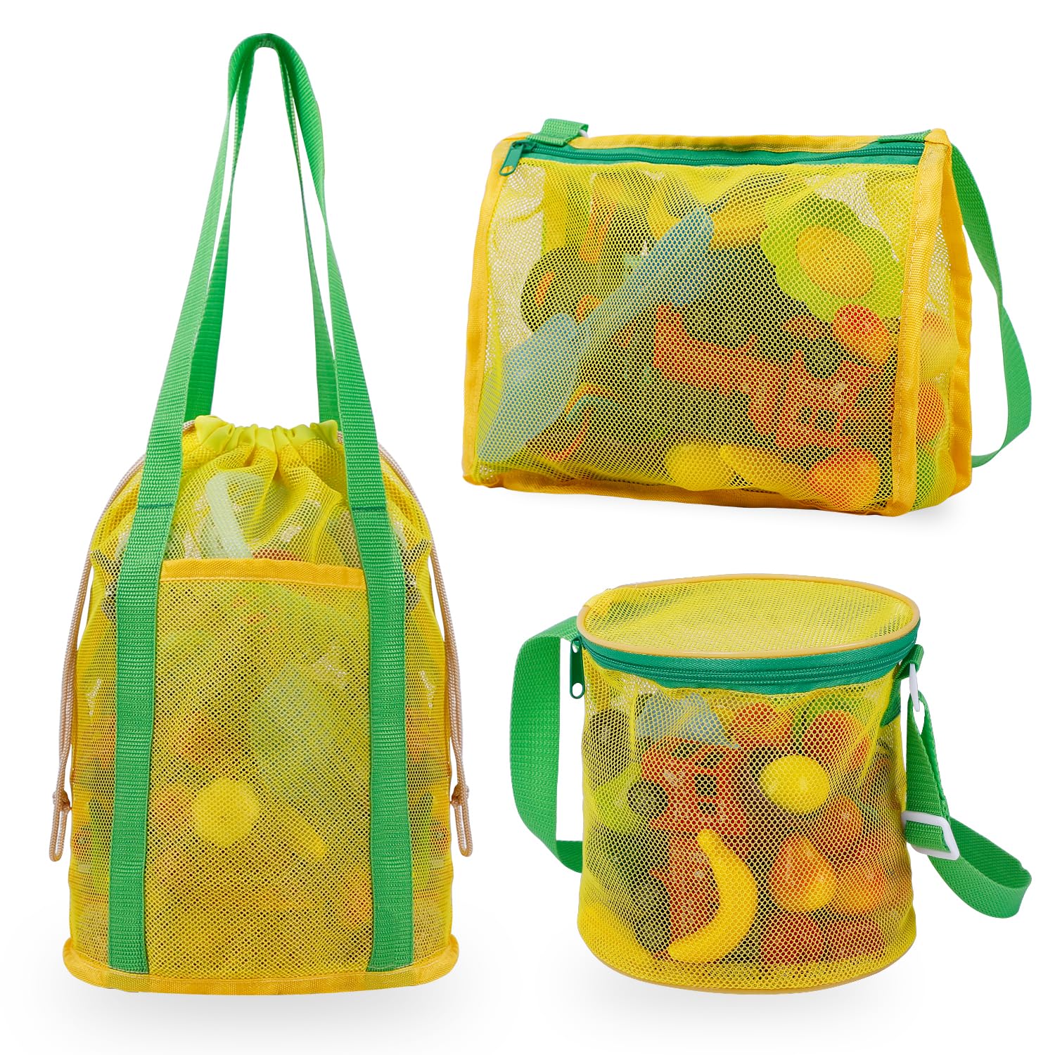 3 Pack Mesh Beach Bags Set - Waterproof Sand Toy Storage & Seashell Collecting Tote with Adjustable Strap, Zipper & Drawstring Closure - Perfect for Pool, Beach Trips & Outdoor Adventures