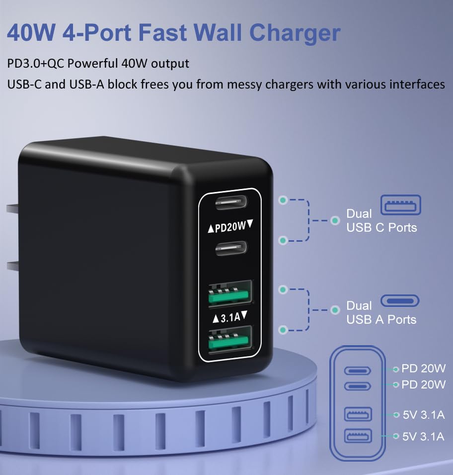 40W 4-Port USB C Fast Charger Block 3-Pack - Dual PD & QC Wall Charger Adapter for iPhone 16/15/14/13/12/11 Pro Max, iPad, Samsung Galaxy - Perfect for Home, Office & Travel Charging Multiple Devices Simultaneously