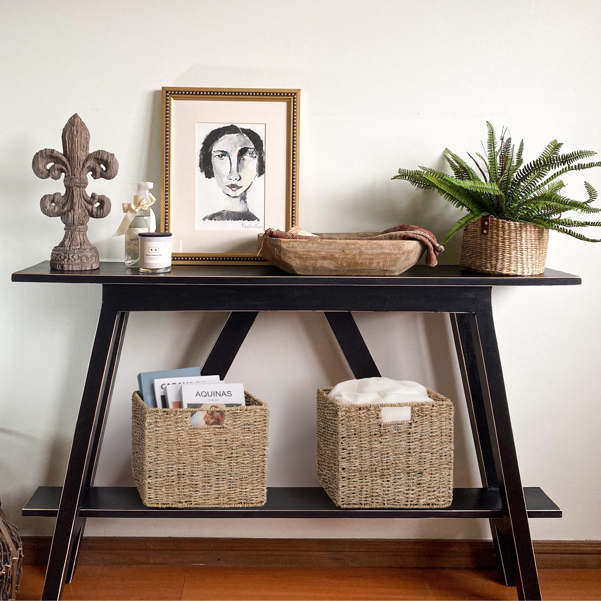 Seagrass Storage Baskets Set of 3 - 12x12x10 Inch Woven Cube Bins for Home Organization | Perfect for Pantry, Kitchen, Bathroom & Shelf Storage | Natural Fiber Decorative Baskets for Clutter-Free Living Spaces