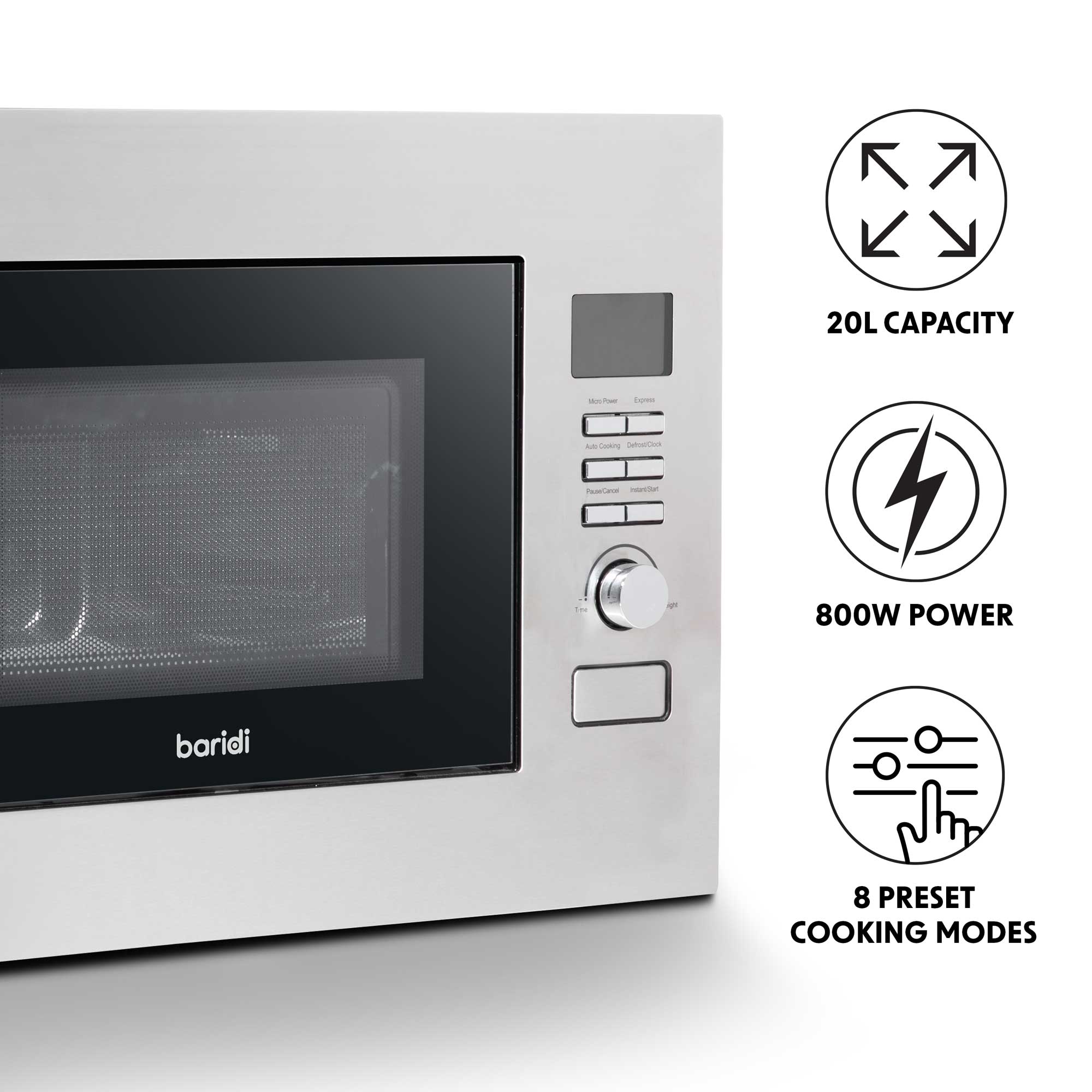 Baridi 20L Built-in Microwave Oven 800W Stainless Steel - Perfect for Small Kitchens, Apartments & Dorm Rooms | Fast Heating & Defrosting | DH196