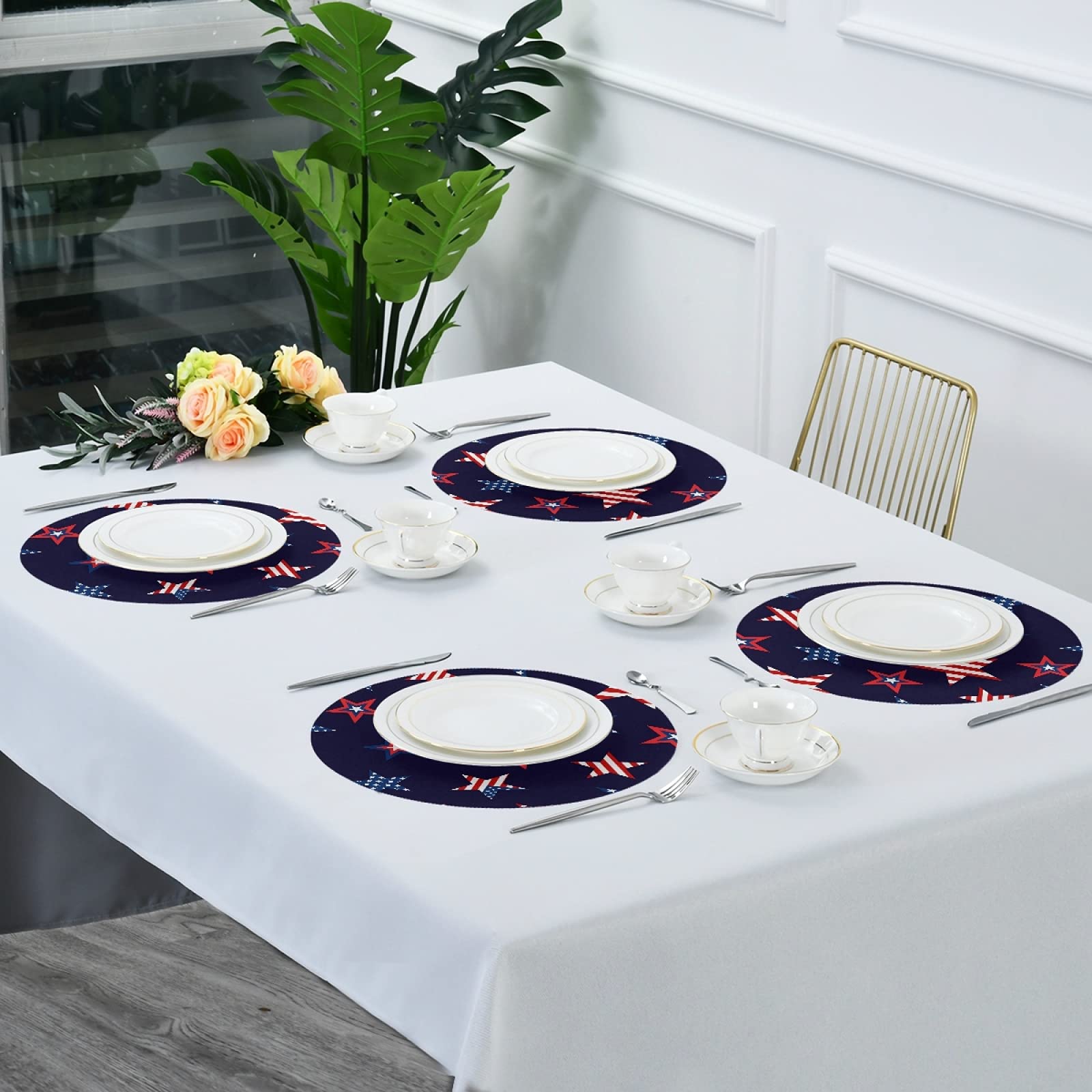 4th of July Placemats Set of 6 - Patriotic USA Flag Round Table Mats for Kitchen Dining, Washable & Durable - Perfect for Independence Day Celebrations, BBQs, and Family Gatherings