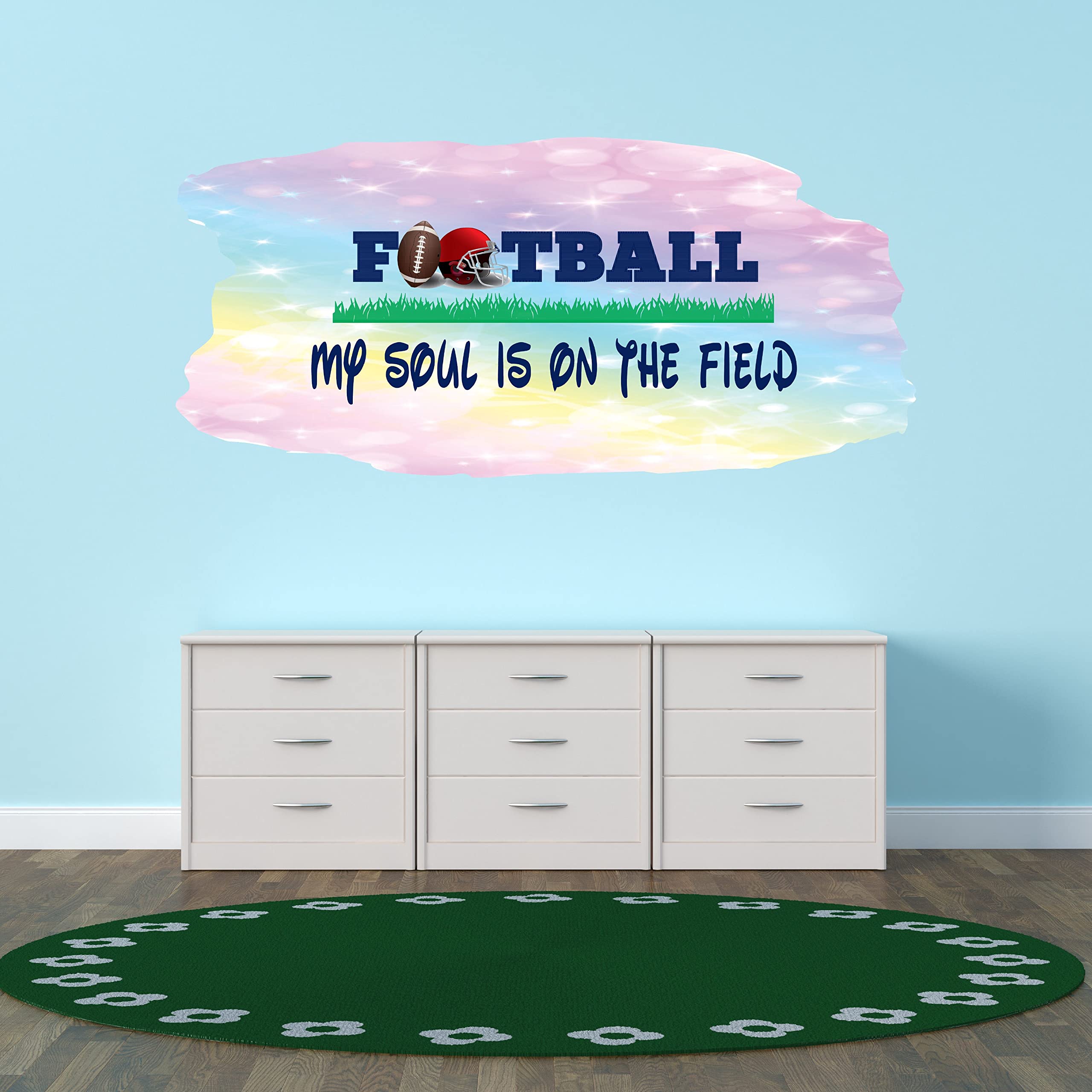 Football Wall Decals for Kids Room - My Soul is on The Field Sports Decor, DIY Bedroom Stickers for Boys & Girls (20x10 inches) - Perfect for Sports Themed Bedrooms, Playrooms and Game Rooms