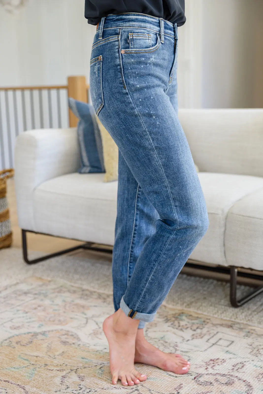 Corey Hi Rise Bleach Splash Boyfriend Jeans for Women - Distressed Denim Pants with Comfortable Fit - Perfect for Casual Outings, Street Style & Everyday Wear