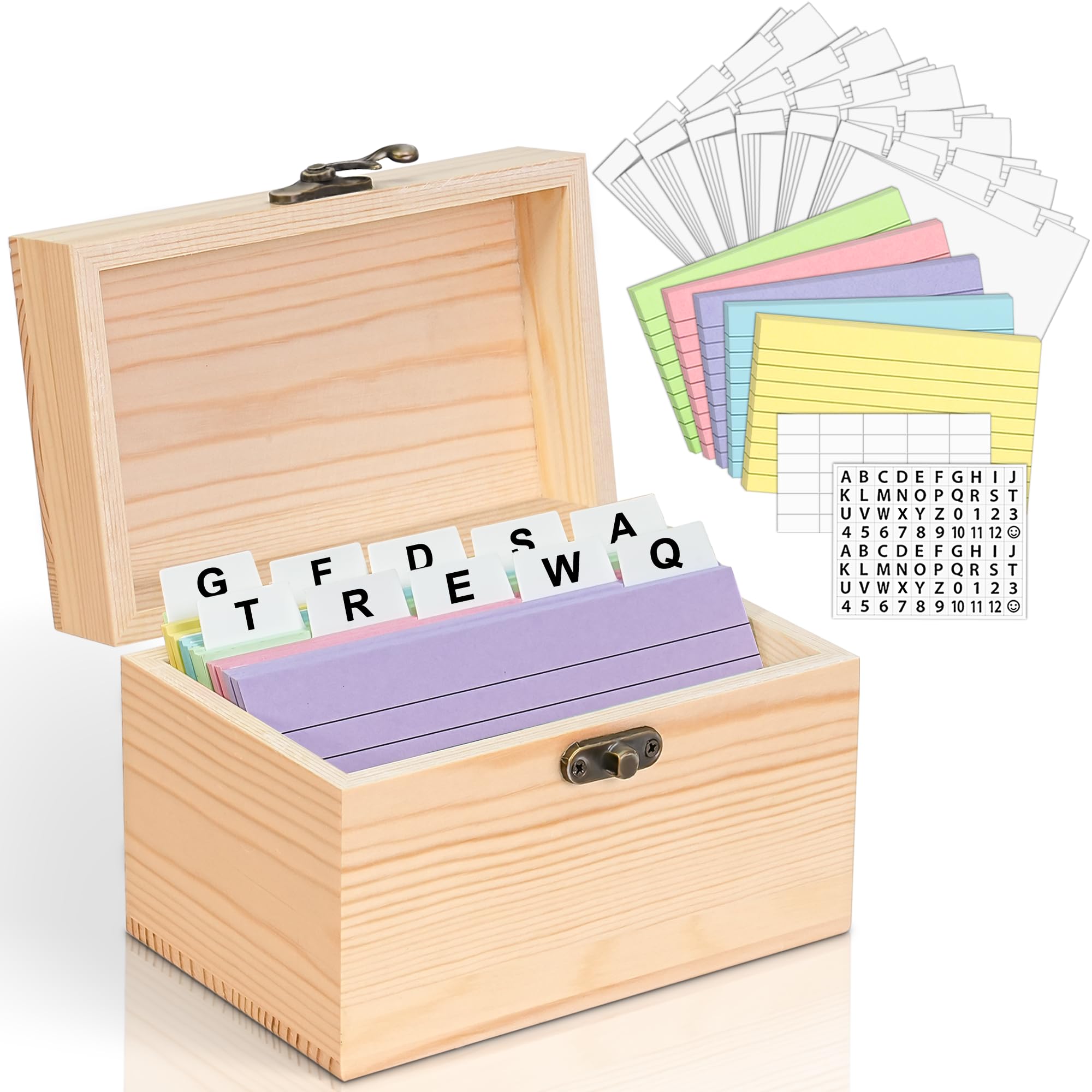 Premium 3x5 Index Card Holder - 100 Pcs Heavy Duty Wooden Organizer Box with 30 Dividers, Blank & Letter Stickers - Perfect for Business Cards, Recipes, Flash Cards & Office Organization