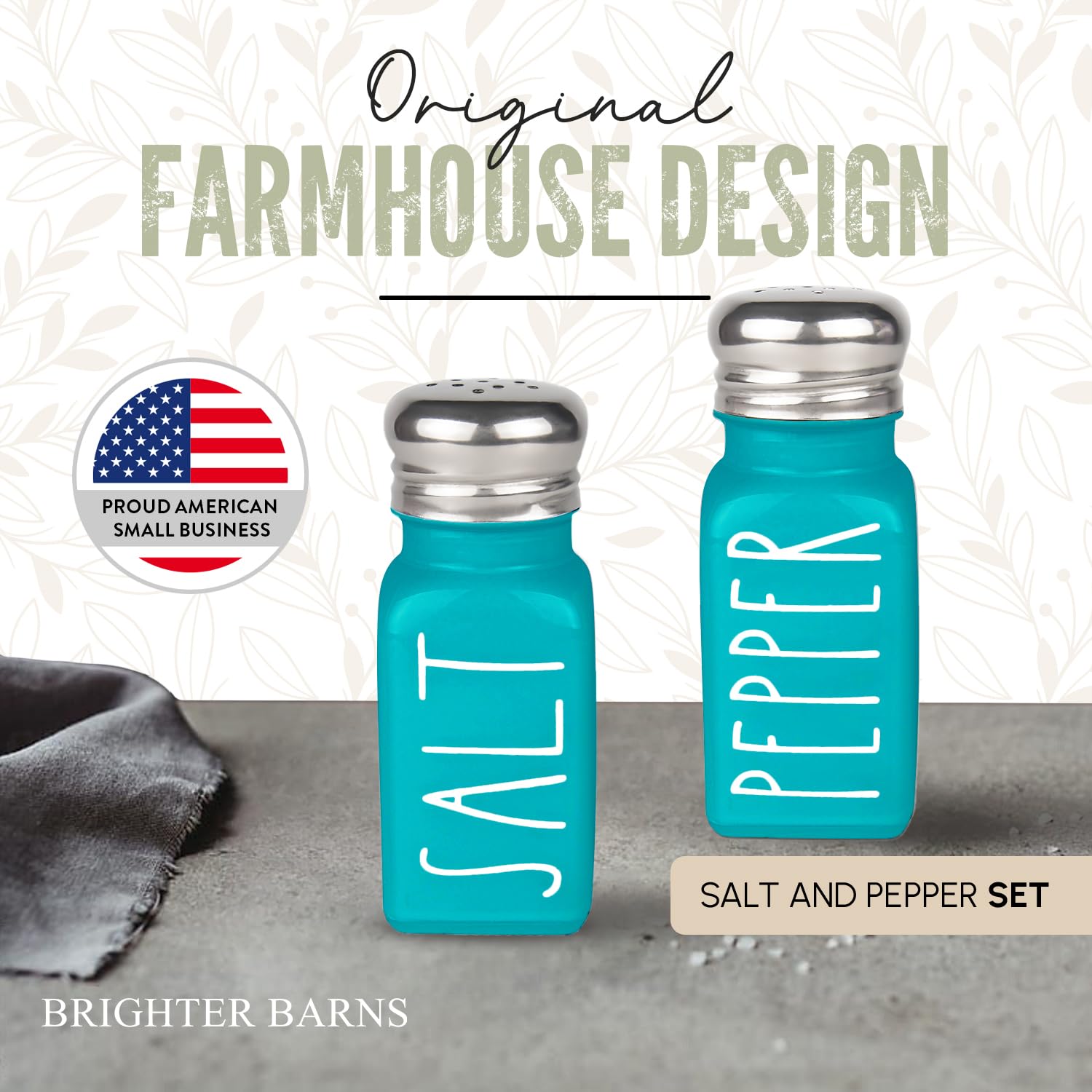 Brighter Barns Salt and Pepper Shakers Set - Modern Farmhouse Glass Shakers with Stainless Steel Lids - Turquoise & Teal Kitchen Decor for Home, Restaurants, Weddings - Perfect for Dining Tables, Kitchen Countertops & Gift Giving