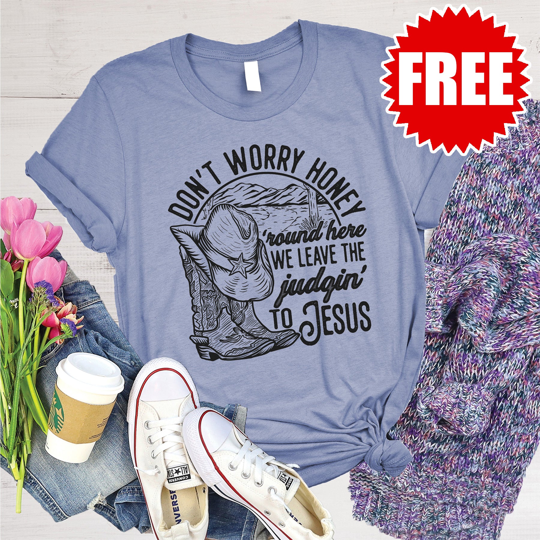 Don't Worry Honey Tee - Soft Heather Lavender Blue Cotton T-Shirt for Women | Casual Everyday Wear & Relaxed Outfit