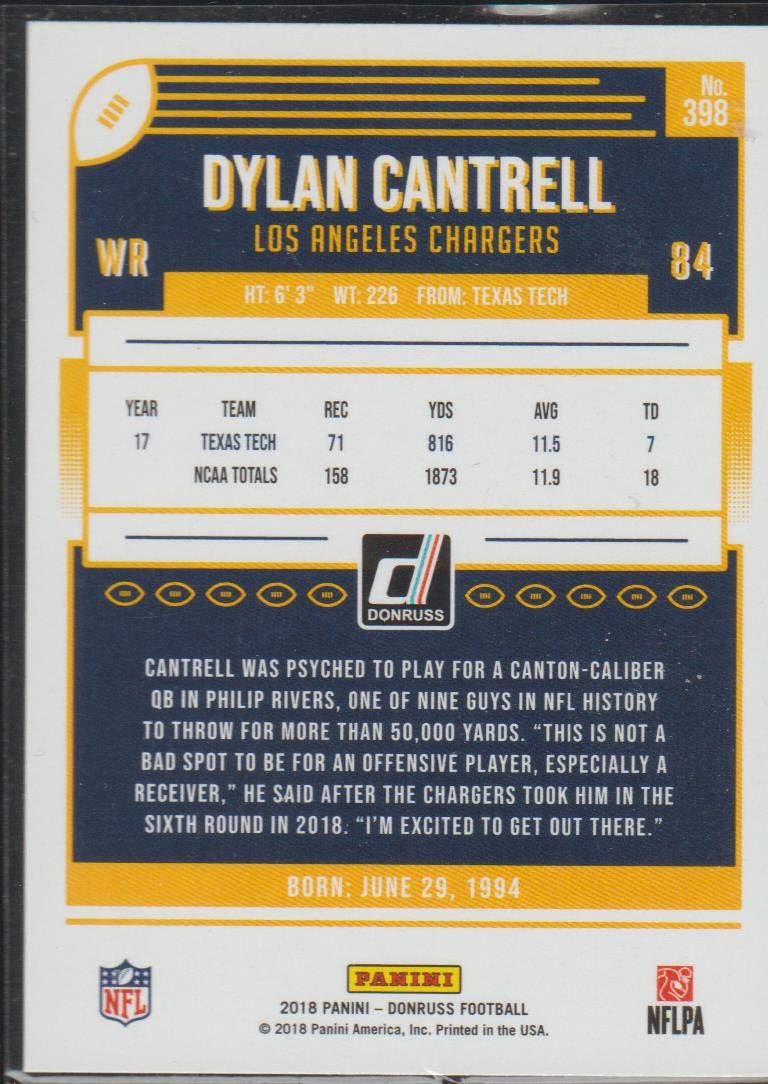 2018 Donruss Dylan Cantrell Rookie Card #398 - Football Collectors & Fans