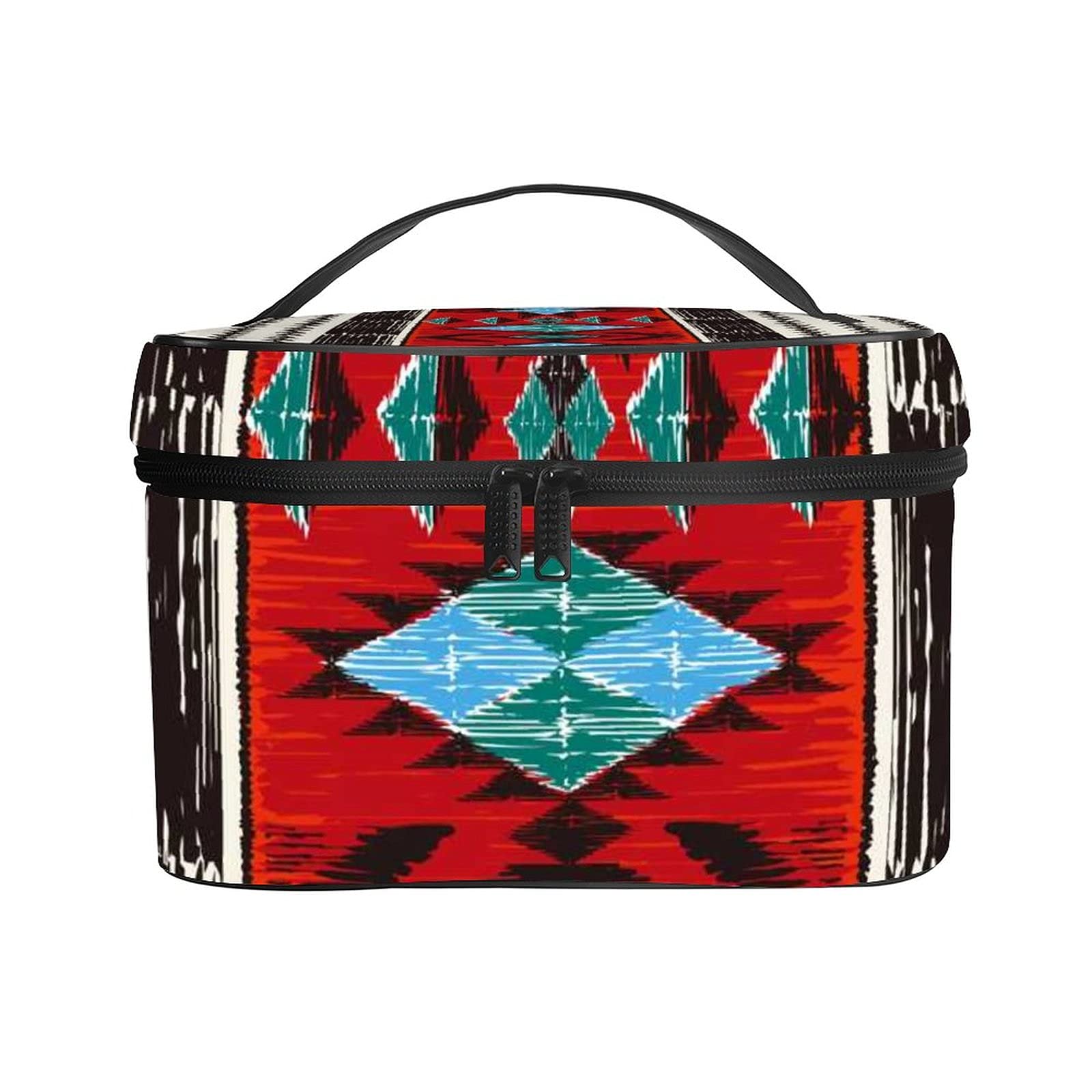 Women's Portable Travel Makeup Bag - Orange Tribal Aztec Geometric Cosmetic Organizer for Toiletries, Washing & Receiving - Perfect for Travel, Gym, and Daily Use