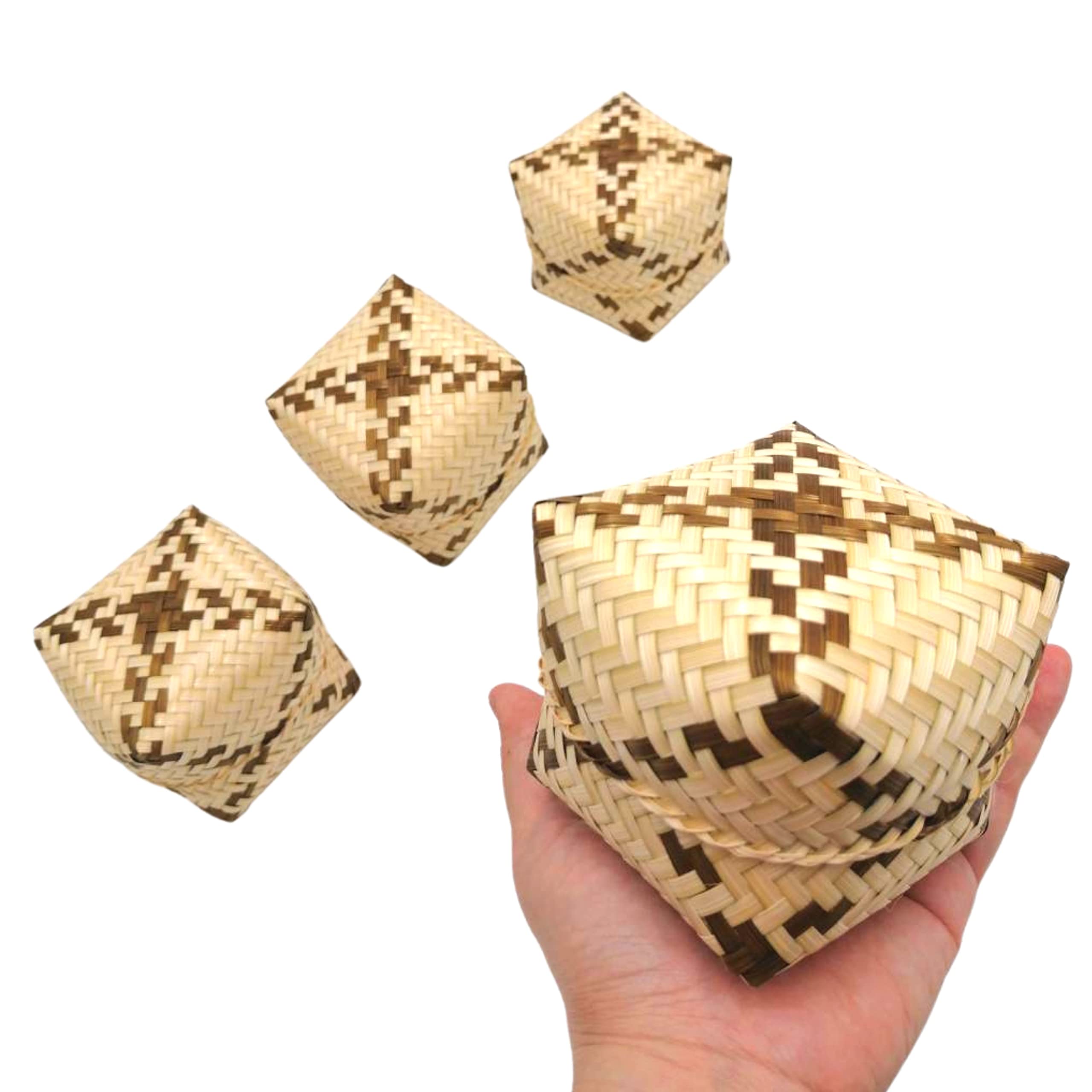 Authentic Thai Handmade Kratip Bamboo Steamer Basket 3x3 Inches - Natural Bamboo Sticky Rice Container for Thai & Laos Cuisine - Perfect for Home Kitchen & Restaurant Use - Set of 4 Traditional Steaming Baskets for Sticky Rice, Desserts & Asian Cooking