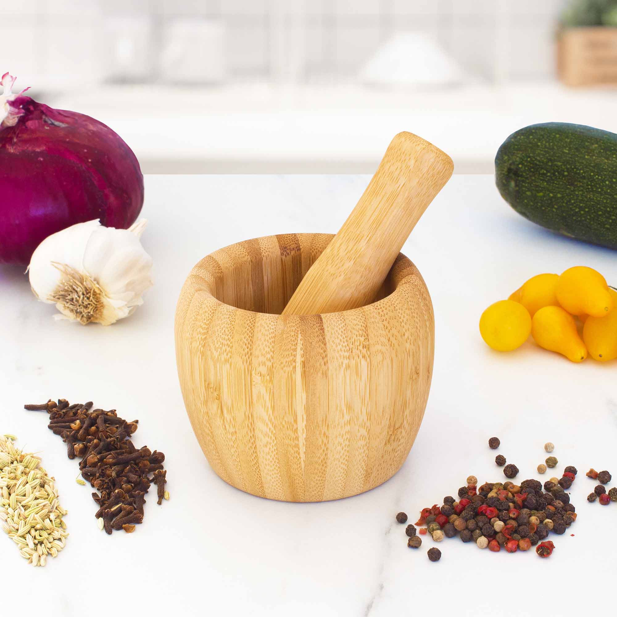 Premium Bamboo Mortar and Pestle Set - Natural Eco-Friendly Spice Grinder & Herb Crusher for Cooking, Ayurveda, and Herbal Remedies - Perfect for Grinding Spices, Crushing Garlic, and Making Fresh Guacamole