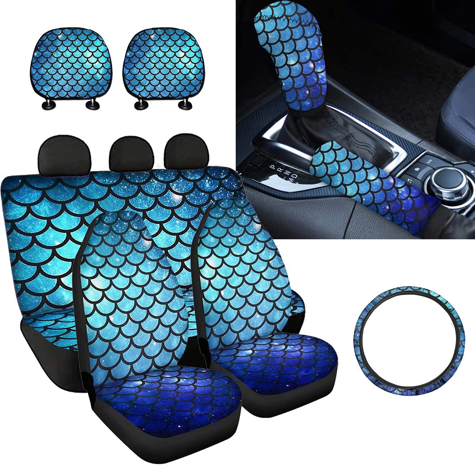 Elastic Front & Back Car Seat Covers Full Set - Bling Green Blue Fish Scale Design (9-Piece) | Includes Gear Shift Knob Cover, Steering Wheel Cover & Headrest Covers | Universal Fit for Most Cars | Perfect for Women's Car Decor & Daily Driving Protection