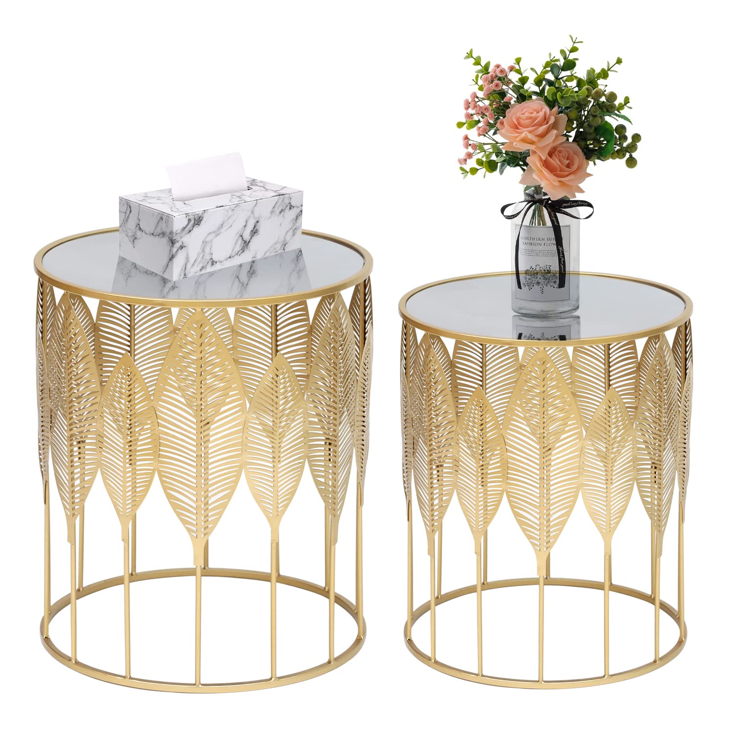 Set of 2 Gold Accent Round Nesting Side Tables - Metal End Tables for Living Room, Bedroom, Entryway - Indoor Outdoor Coffee Tables & Nightstands - Perfect for Small Spaces, Patio Decor, and Modern Home Furnishings