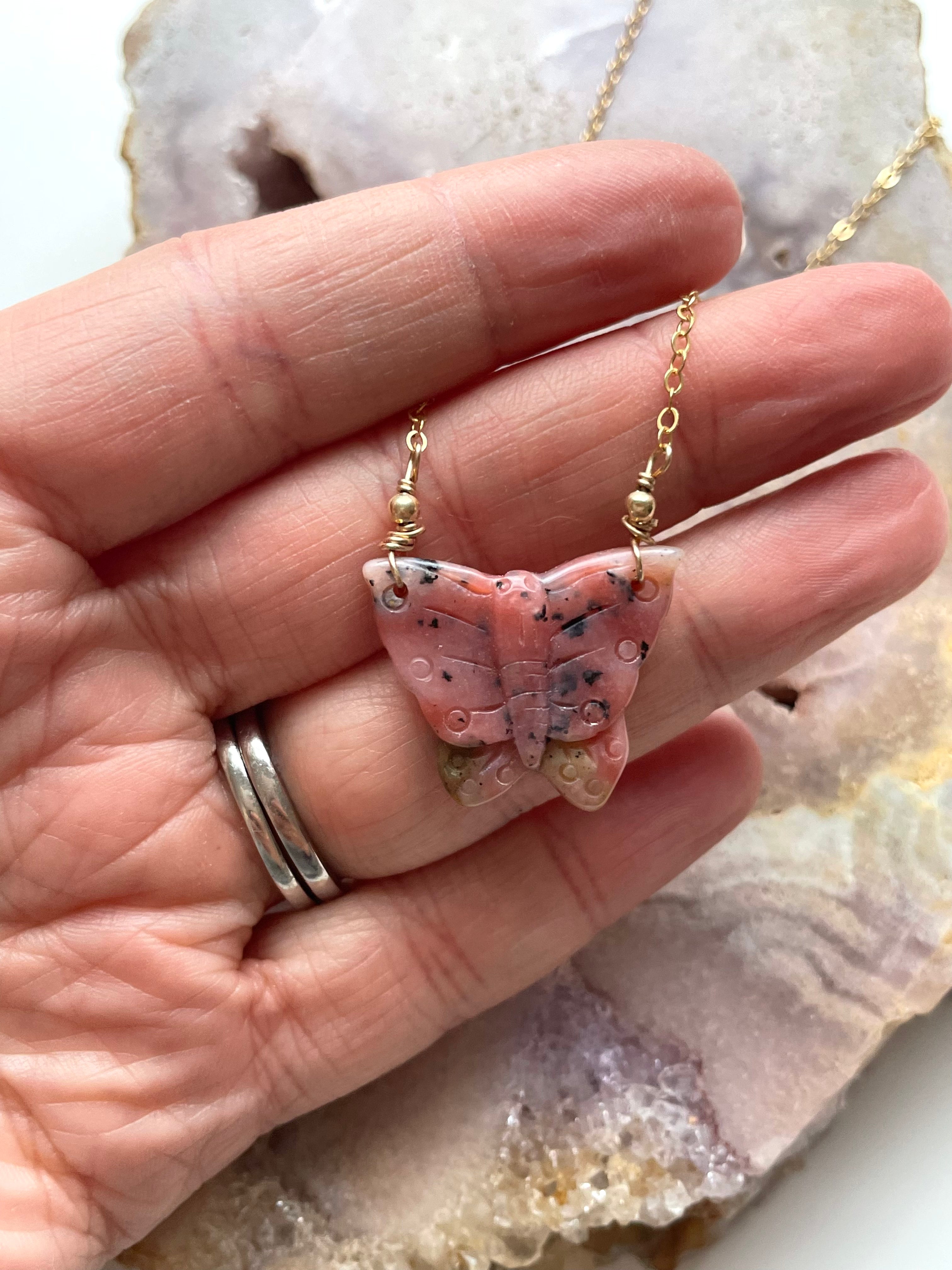 Pink Opal Butterfly Pendant Necklace - Dainty Gemstone Jewelry for Women, Elegant Gift for Birthday, Valentine's Day & Special Occasions