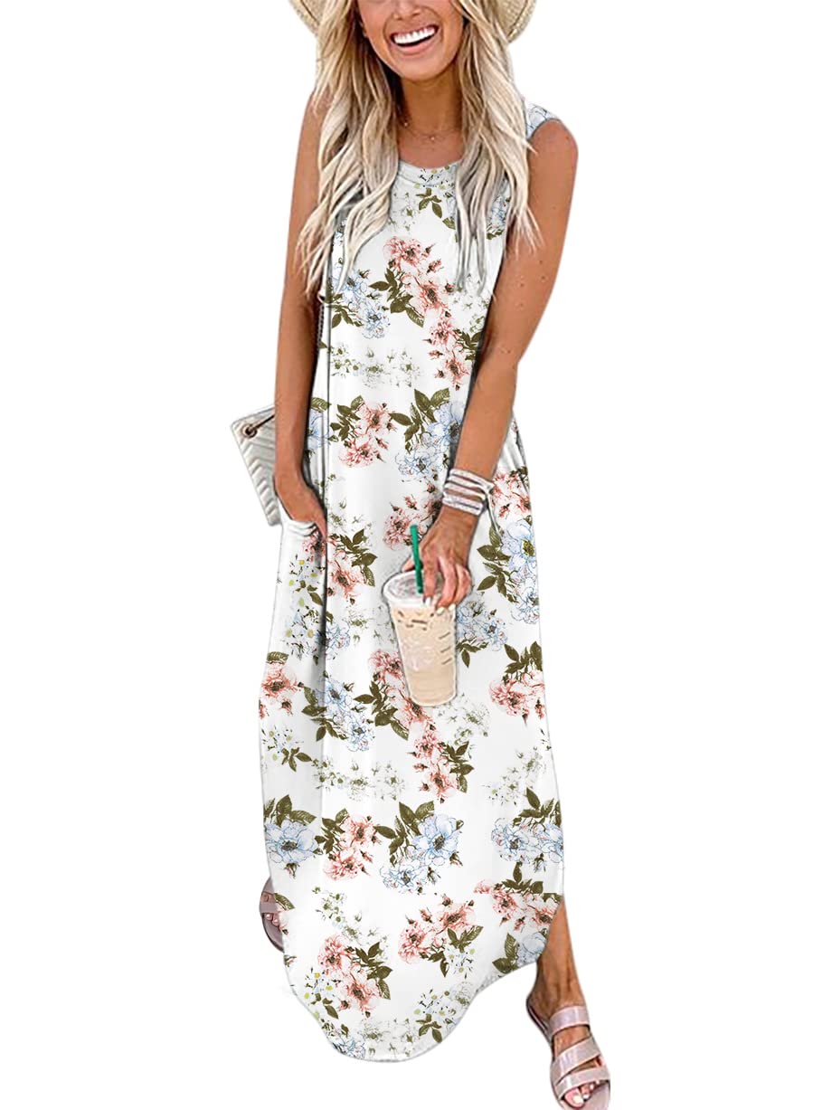 Prinbara Women's Casual Loose Summer Long Sleeveless Maxi Dress with Pockets - Split Beach Cover Up for Vacation, Travel & Outdoor Activities
