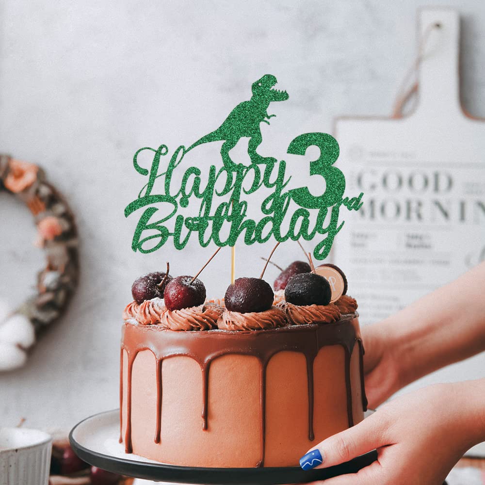 Anxdh Dinosaur Cake Topper for 3rd Birthday - Sparkling Happy Birthday Dinosaur Decorations for Boys & Kids - Roaring Dino Theme Party Supplies - Perfect for Birthday Cakes, Cupcakes & Dessert Tables
