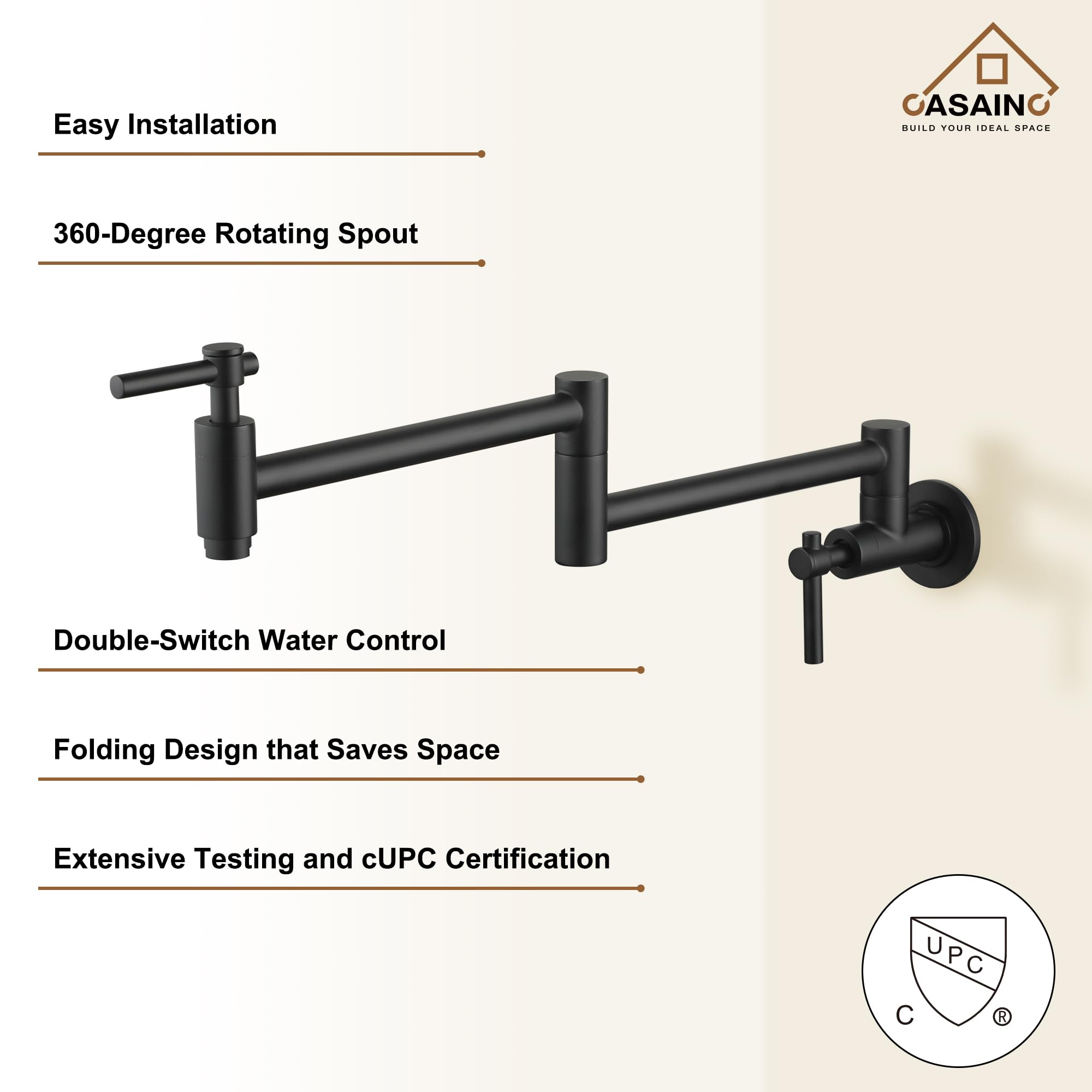 CASAINC Matte Black Wall Mount Pot Filler Faucet - Commercial Grade Brass Swing Arm Folding Kitchen Faucet for Stove - Perfect for Restaurants, Home Kitchens & Cooking Enthusiasts