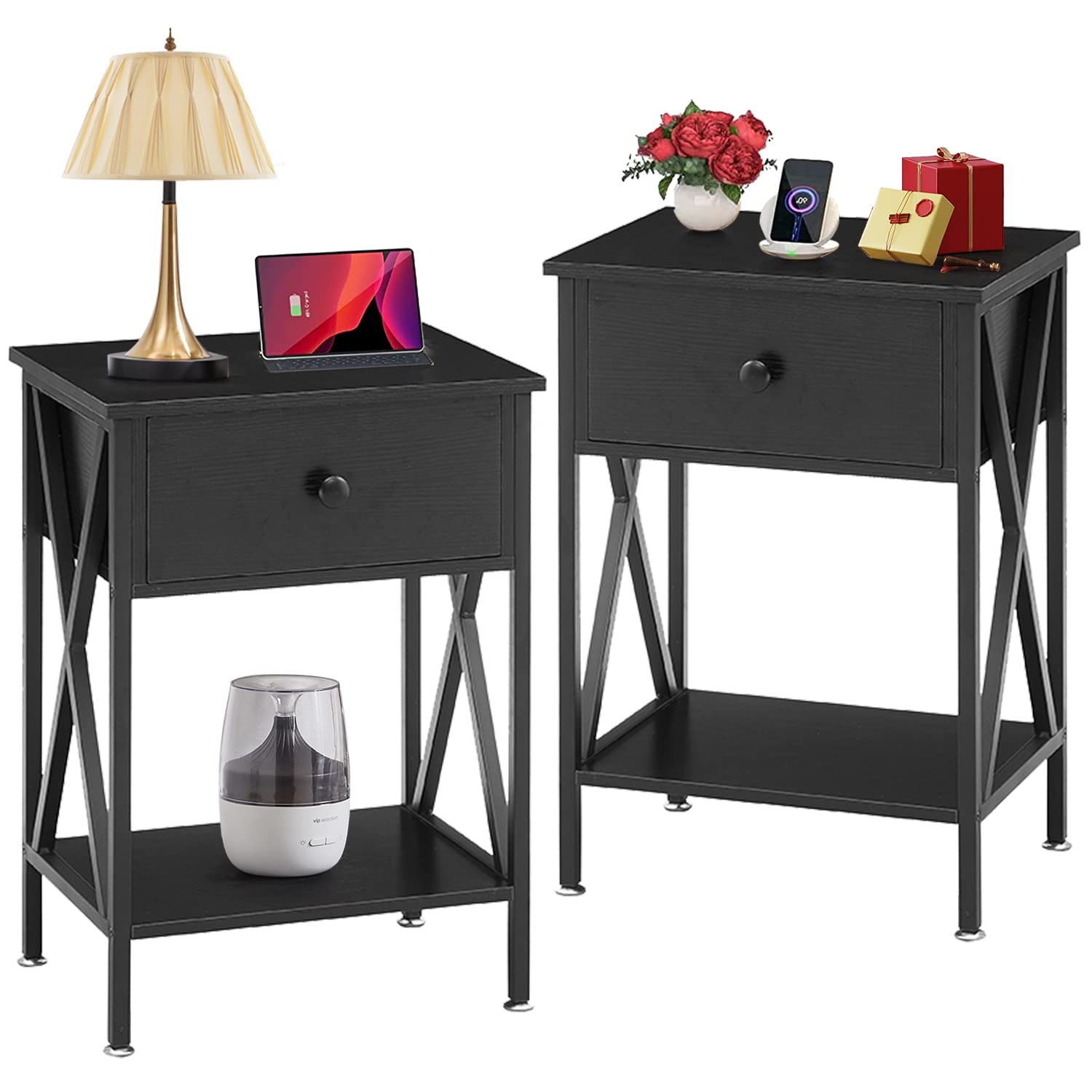 VECELO Modern Night Stand with Drawer & Shelf - Set of 2 Bedside Tables for Bedroom, Living Room, Office - Sturdy End Tables with Storage Space - Matte Black Finish - Perfect for Small Spaces & Apartment Decor