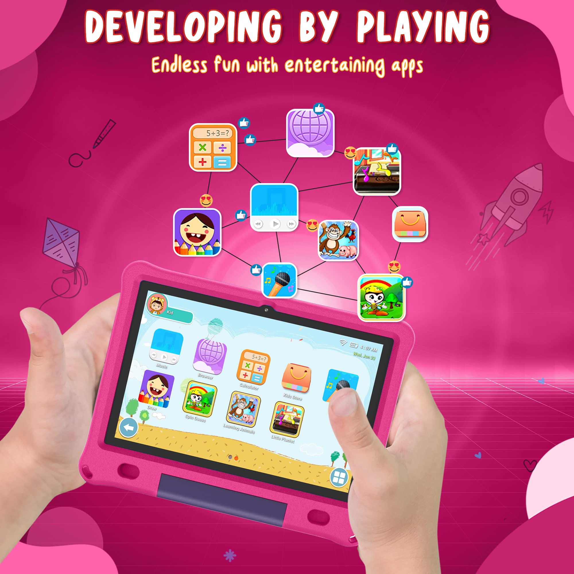 CosmoToys® Kids Tablet with Parental Control - Android 12, 6000mAh Battery, Includes Car Storage Cover & Tablet Holder - Educational Learning Tablet for Toddlers & Children (Pink) - Perfect for Road Trips, Homeschooling & Entertainment