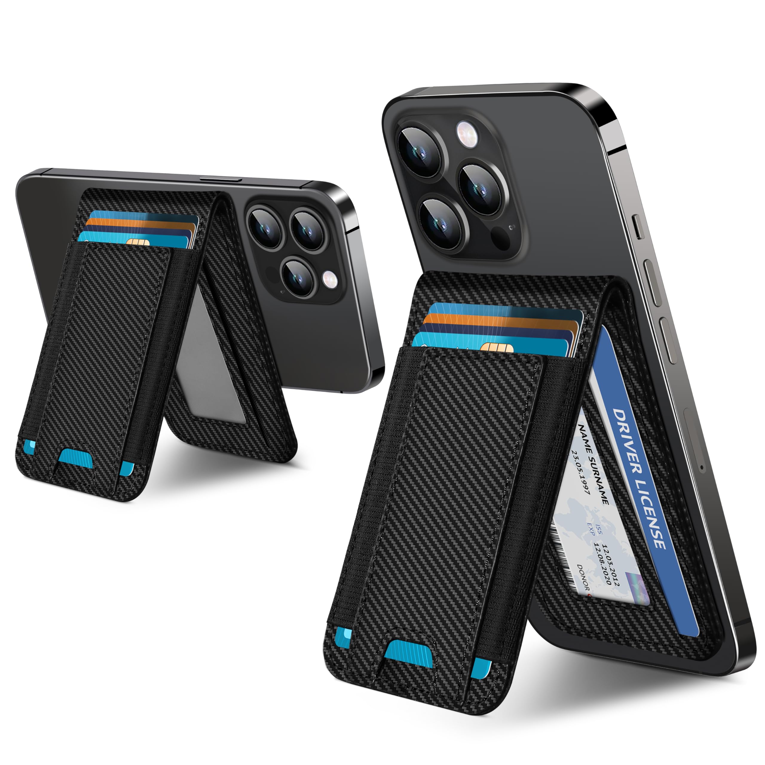 2-in-1 MagSafe Wallet with Adjustable Stand & ID Window - Magnetic Phone Wallet for iPhone 16/15/14 Pro Max/14/14 Plus/13/12 Series - Holds 9 Cards - Black Carbon Fiber - Perfect for Travel, Work & Everyday Use