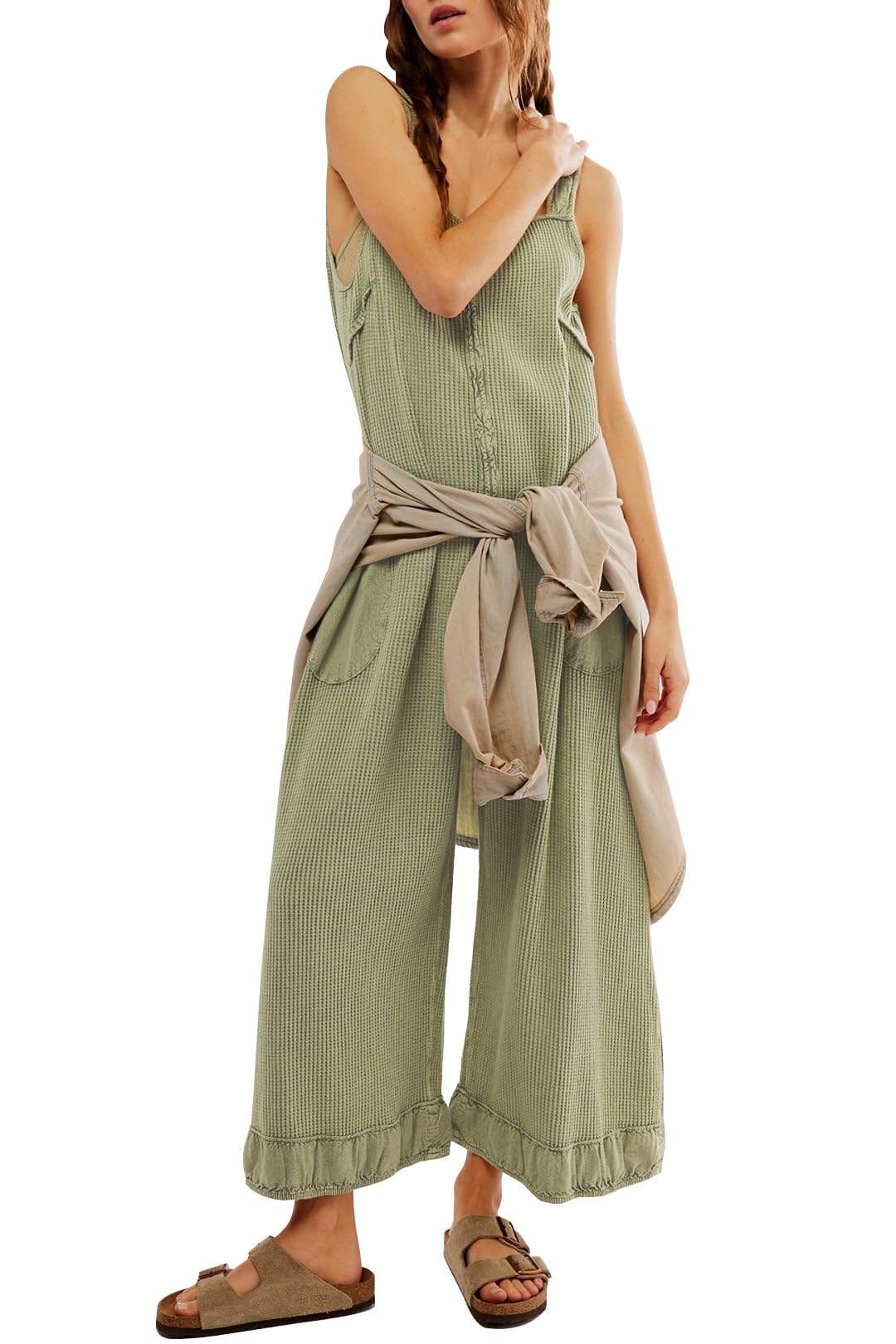 Ladyful Women's Summer Wide Leg Overalls - Casual Loose Sleeveless Jumpsuit with Waffle Texture & Backless Tank Romper for Beach, Vacation, and Outdoor Activities