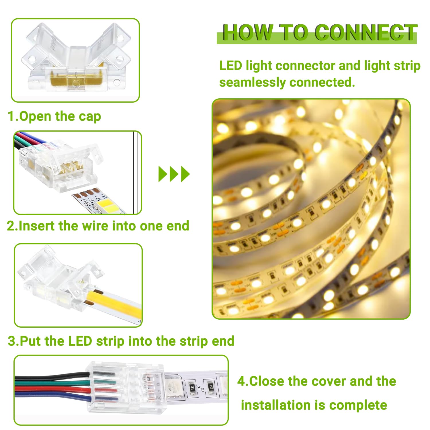 4 Pin 8mm LED Strip Connector - 20pcs Clear Unwired Gapless Quick Connect Adapter for 5050 RGB LED Light Strips | Perfect for Home Theater, Gaming Setup & DIY Lighting Projects