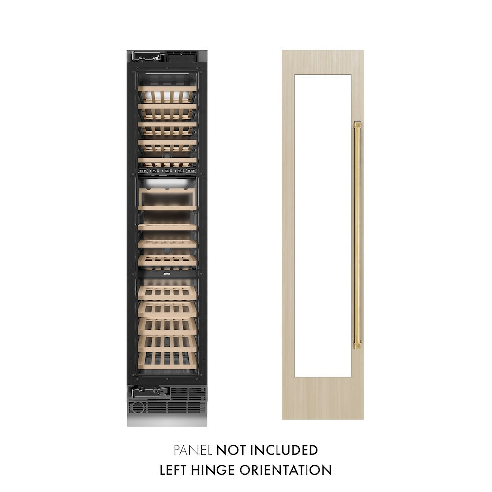 ZLINE Autograph Edition 18-Inch 9.0 cu. ft Triple Zone 68 Bottle Built-In Wine Cooler with Polished Gold Accents - Left Hinge Column Design for Home Bars, Restaurants & Wine Cellars (RBCWVLZ 18 G)