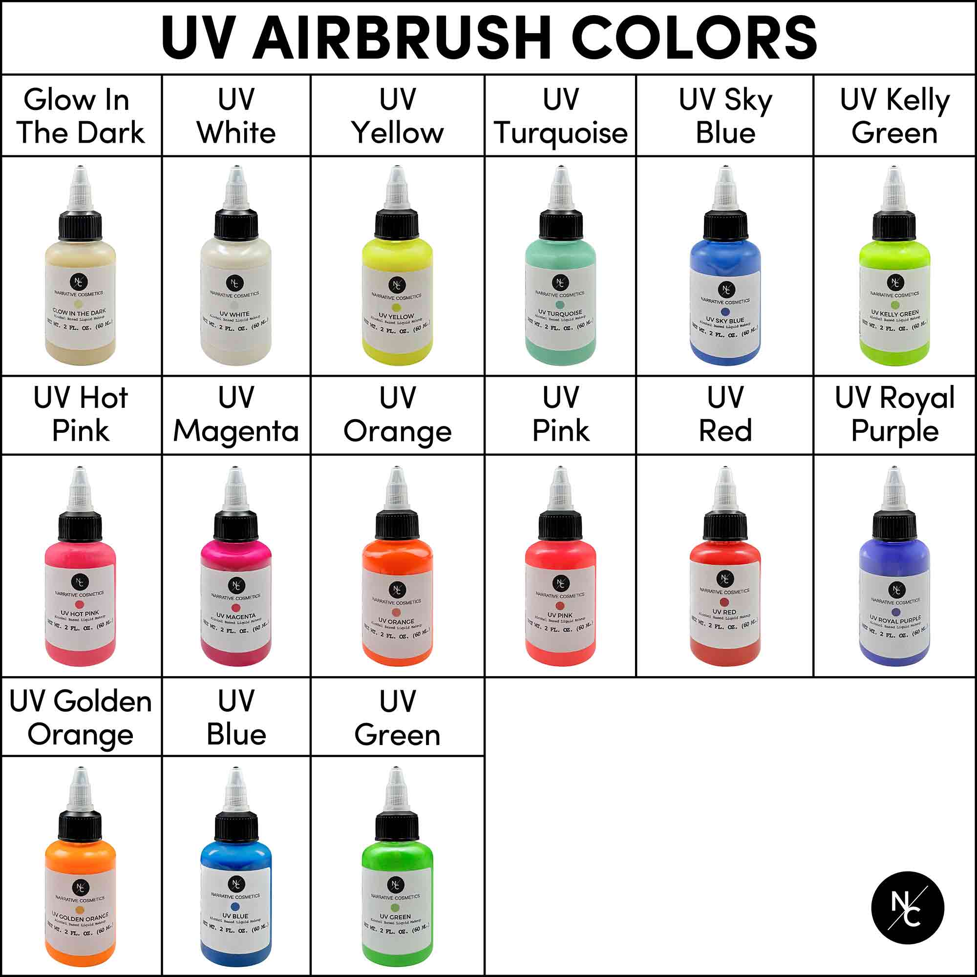 UV Fluorescent Alcohol Airbrush Paints - 2 fl oz (60ml) for Airbrush Art, Tattoo Practice & Body Painting - Glow Under Black Light for Night Events & Halloween Makeup