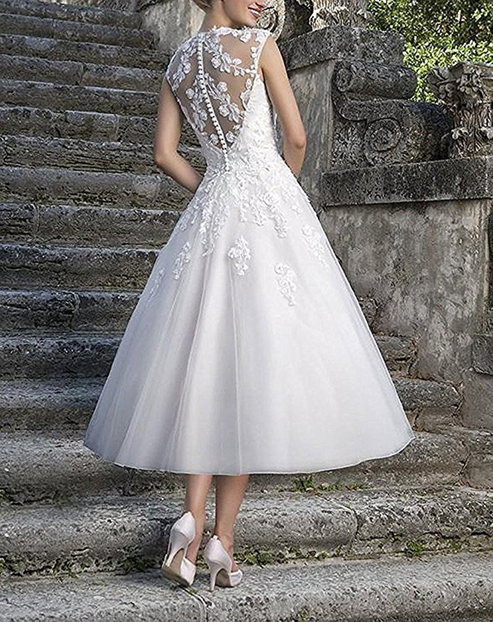 Elegant Women's Cap Sleeve Applique Tea-Length Ball Gown Wedding Dress for Brides, Formal Events & Special Occasions