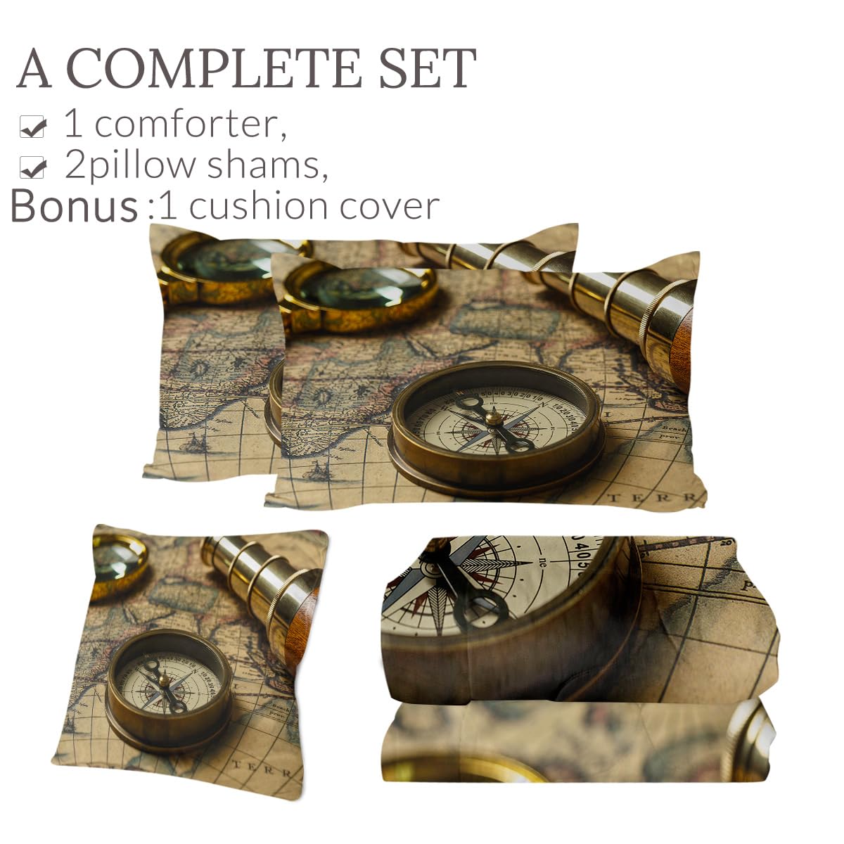 **Sleepwish King Size Nautical Comforter Set - Anchor & Compass Navigation Map Design, 4-Piece Pirate-Themed Bedding Set with Comforter, Shams & Cushion Cover - Perfect for Coastal, Adventure & Pirate-Themed Bedrooms**