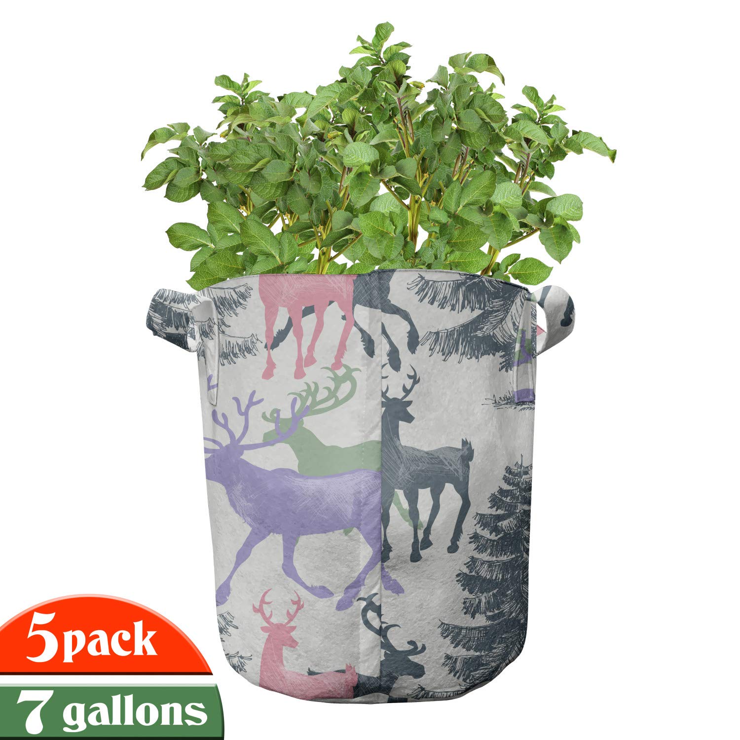 Ambesonne 5-Pack 7 Gallon Heavy Duty Fabric Grow Bags with Handles - Deer & Pine Trees Winter Season Design for Plants, Flowers & Vegetables - Perfect for Indoor Gardening, Outdoor Planting & Container Gardening