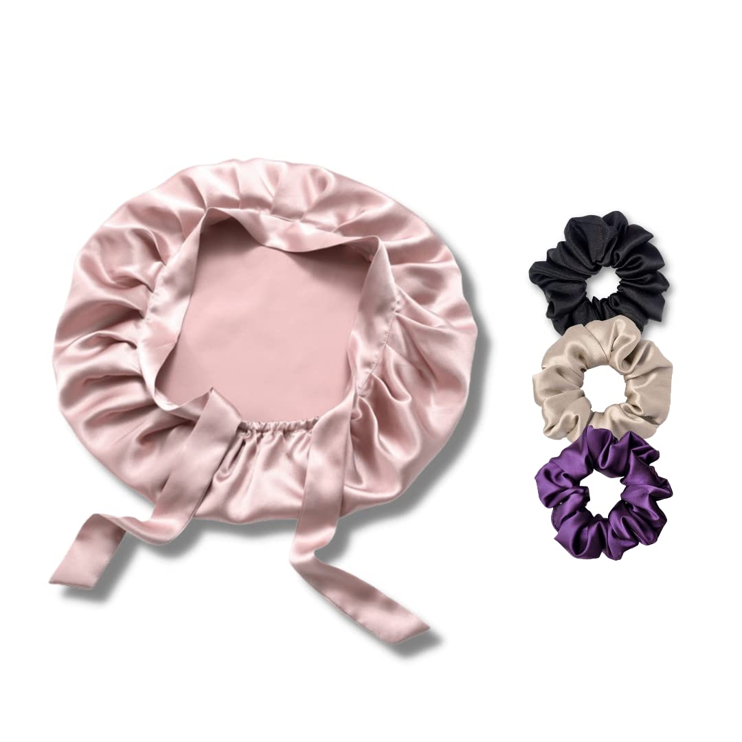 Atrube Satin Silk Hair Bonnet with 3 Premium Scrunchies - Sleeping Head Cap for Women with Curly Hair (Standard Size) | Perfect for Nighttime Hair Protection & Styling