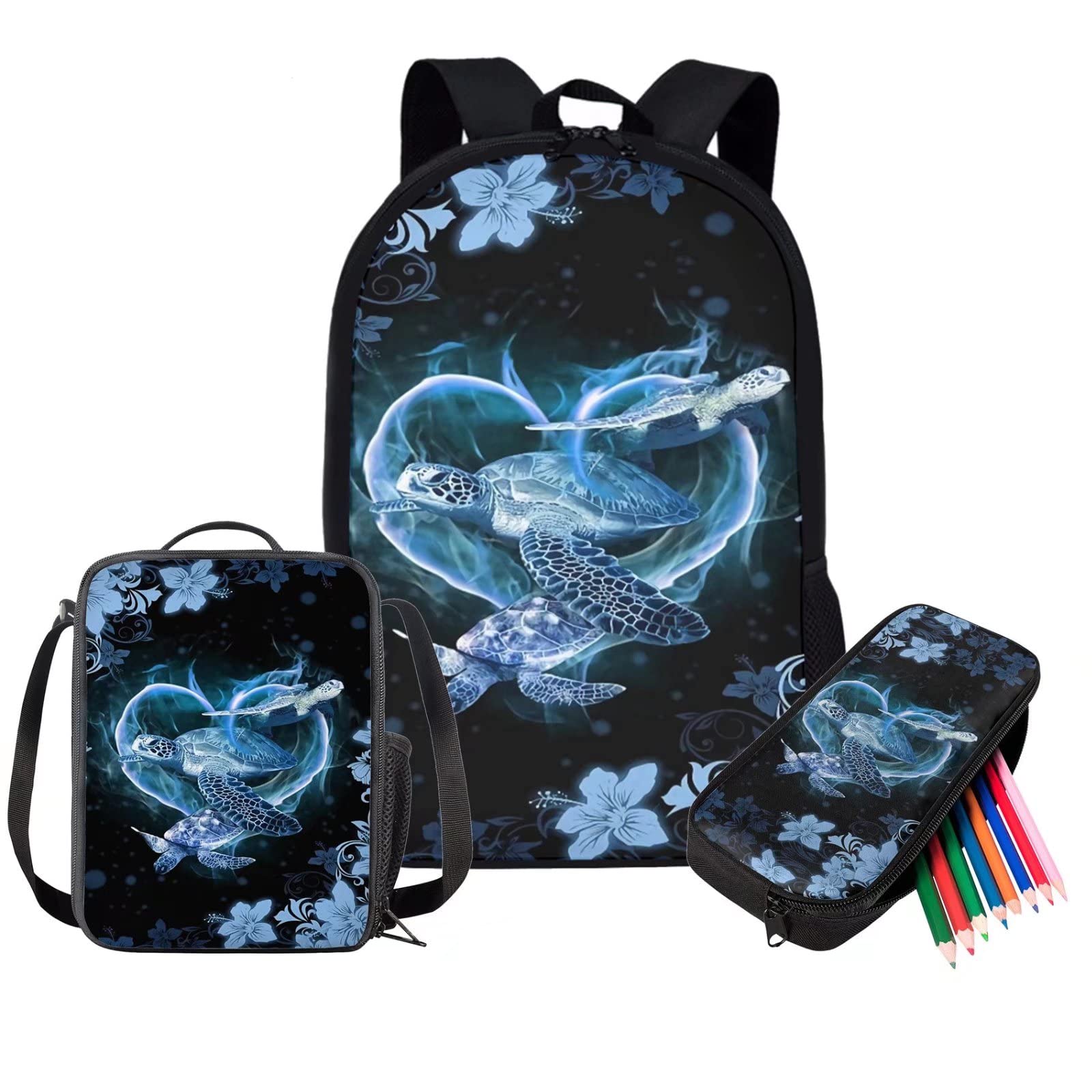 WELLFLYHOM 3-Piece Sea Turtle School Backpack Set for Girls - Cute Elementary Bookbag with Lunch Box & Pencil Case, Durable Travel Daypack for School, Work or Beach | Perfect Gift for Students & Women