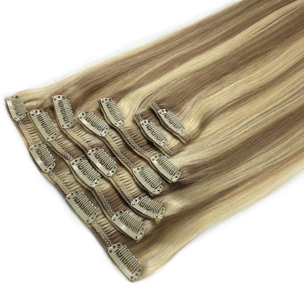 Clip In Human Hair Extensions 7PCS 120G - Ombre Two Tone Light Ash Blonde with Golden Blonde Highlights | Silky Straight Real Hair Extensions for Women | Perfect for Parties, Weddings & Daily Styling