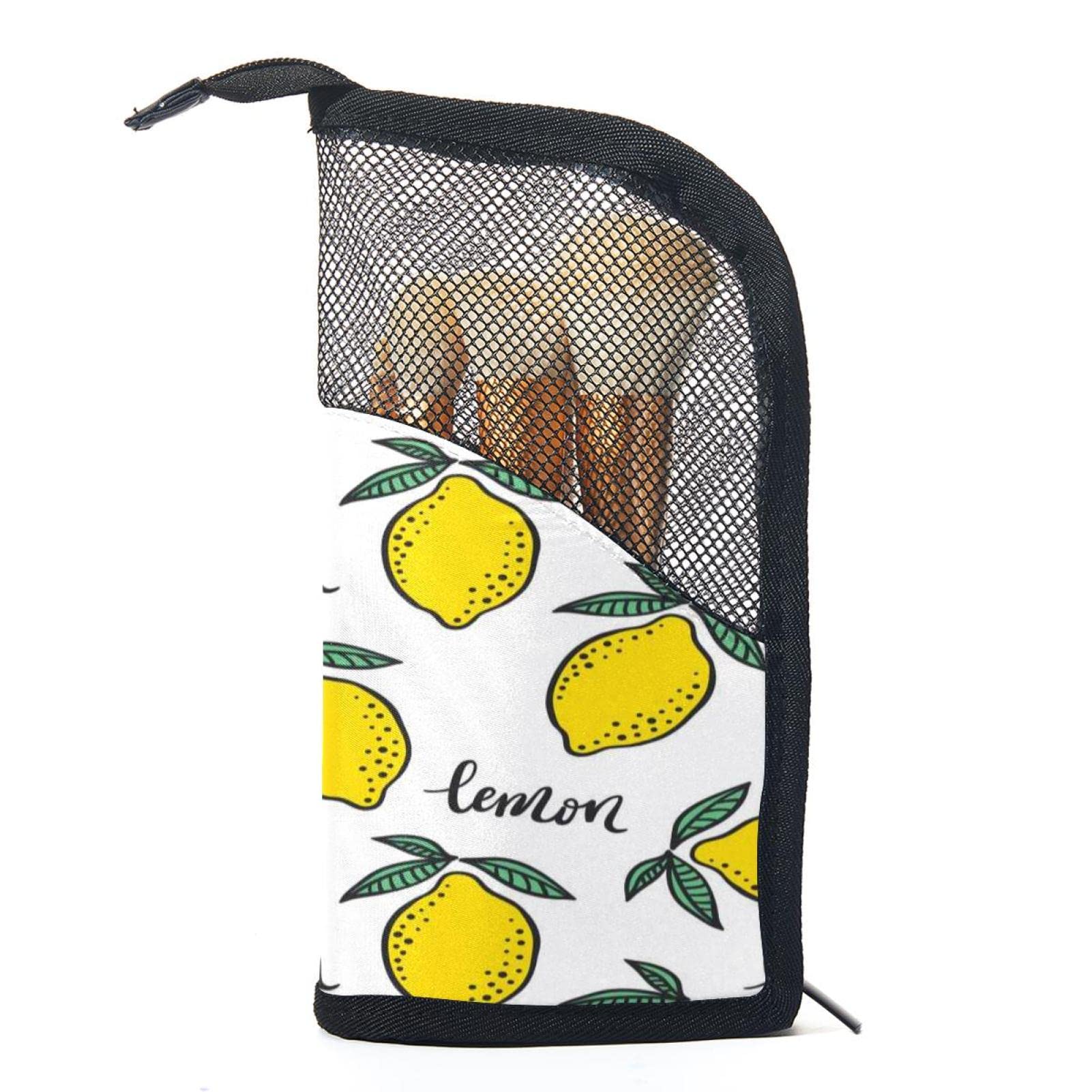 12-Piece Makeup Brush Organizer Bag with Lemon Print - Portable Travel Cosmetic Brush Holder Case for Professional Makeup Artists & Beginners - Perfect for Home, Travel, and Salon Use